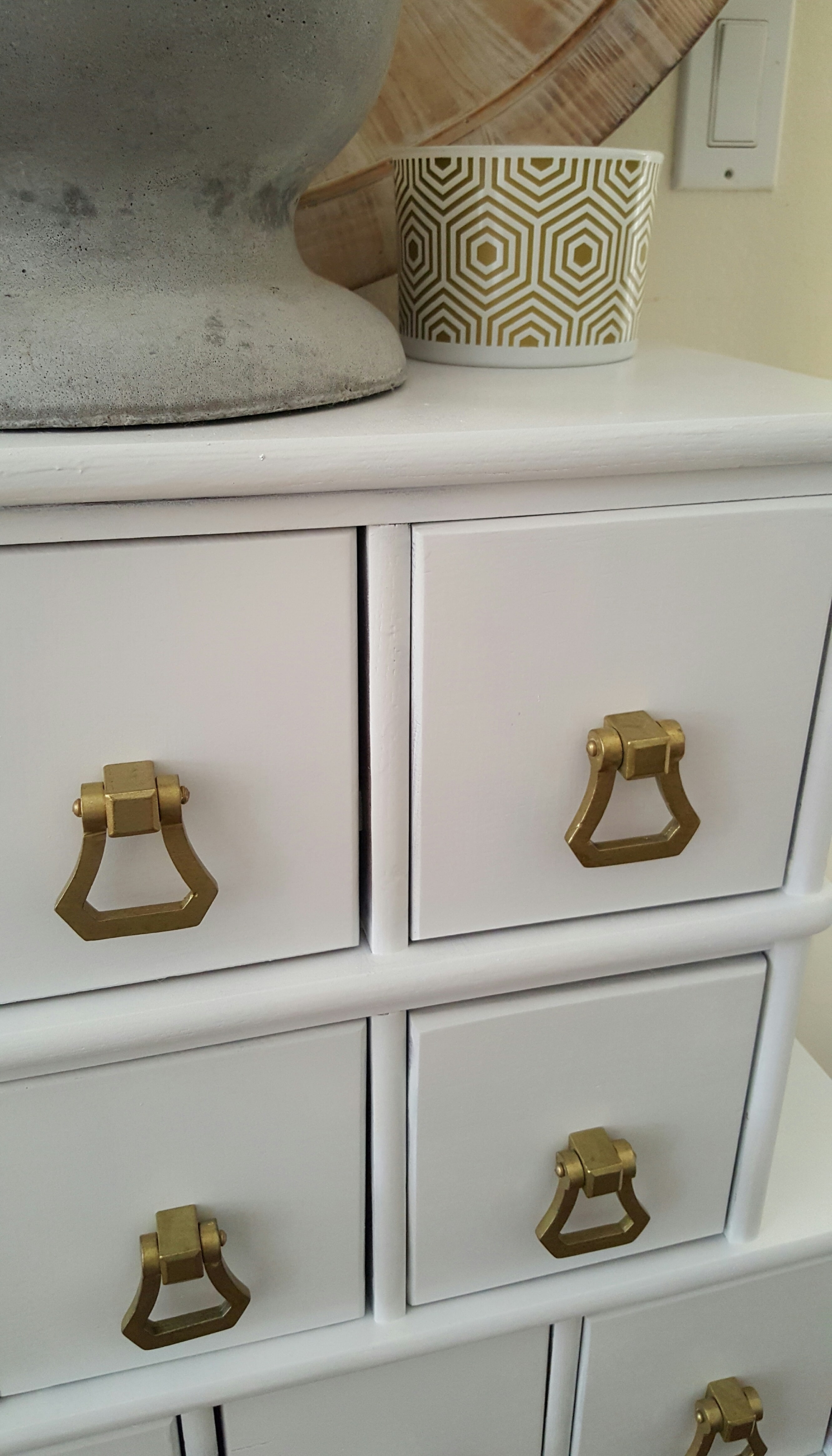 white apothecary makeover gold hardware