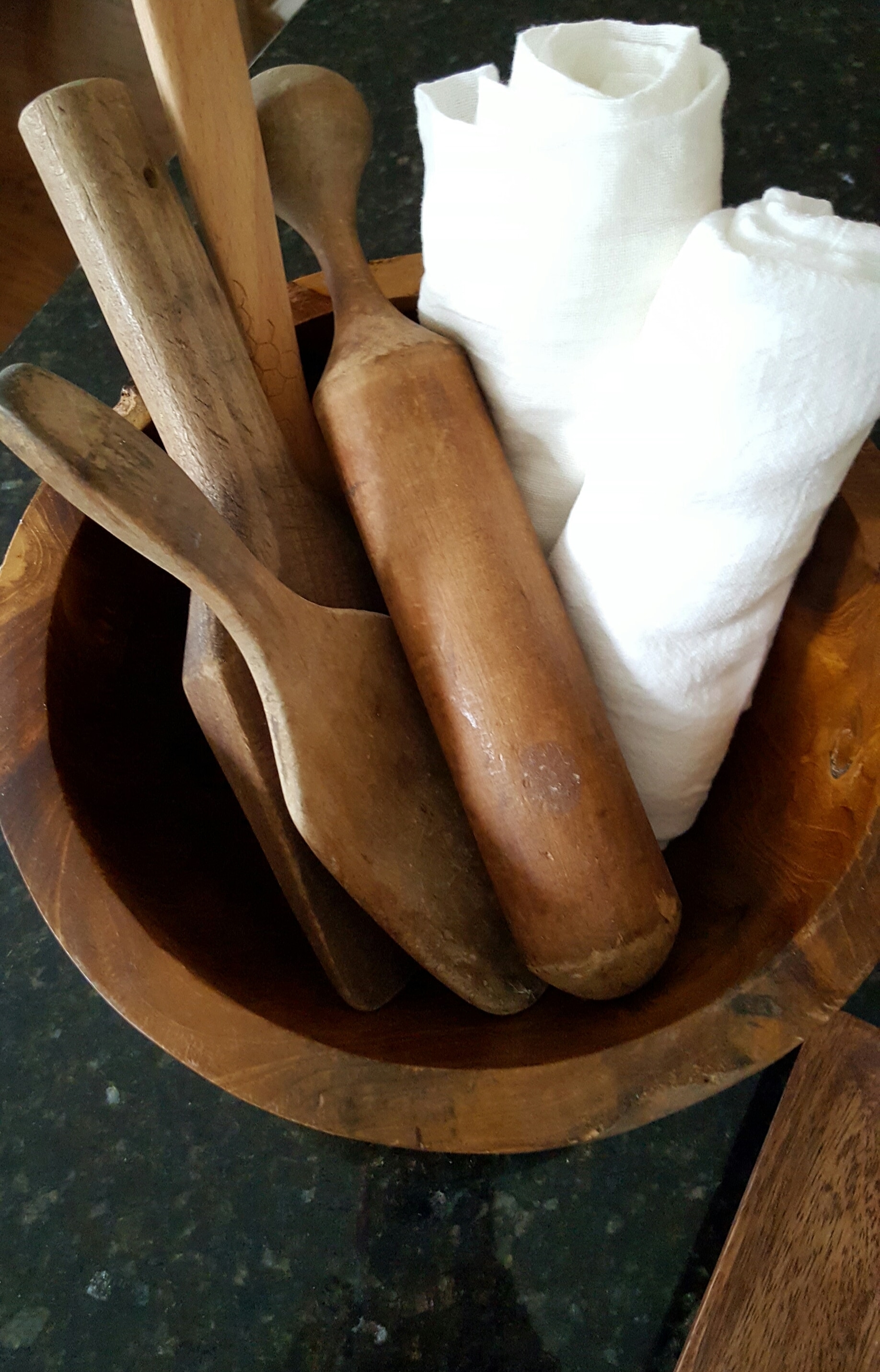 wood bowl farmhouse kitchen decor white dishtowels