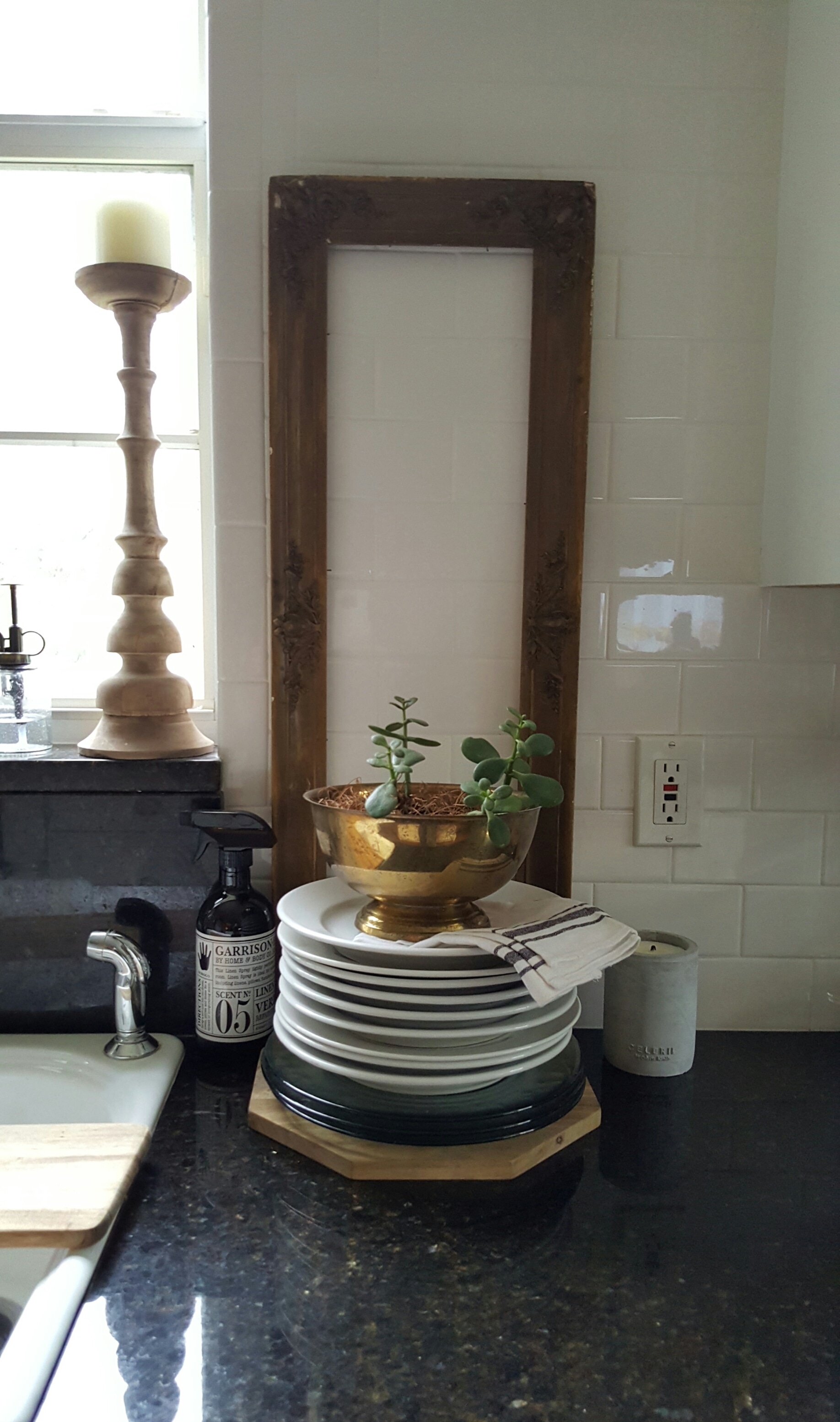 White Farmhouse Kitchen Open Shelving Brass Pot Plant