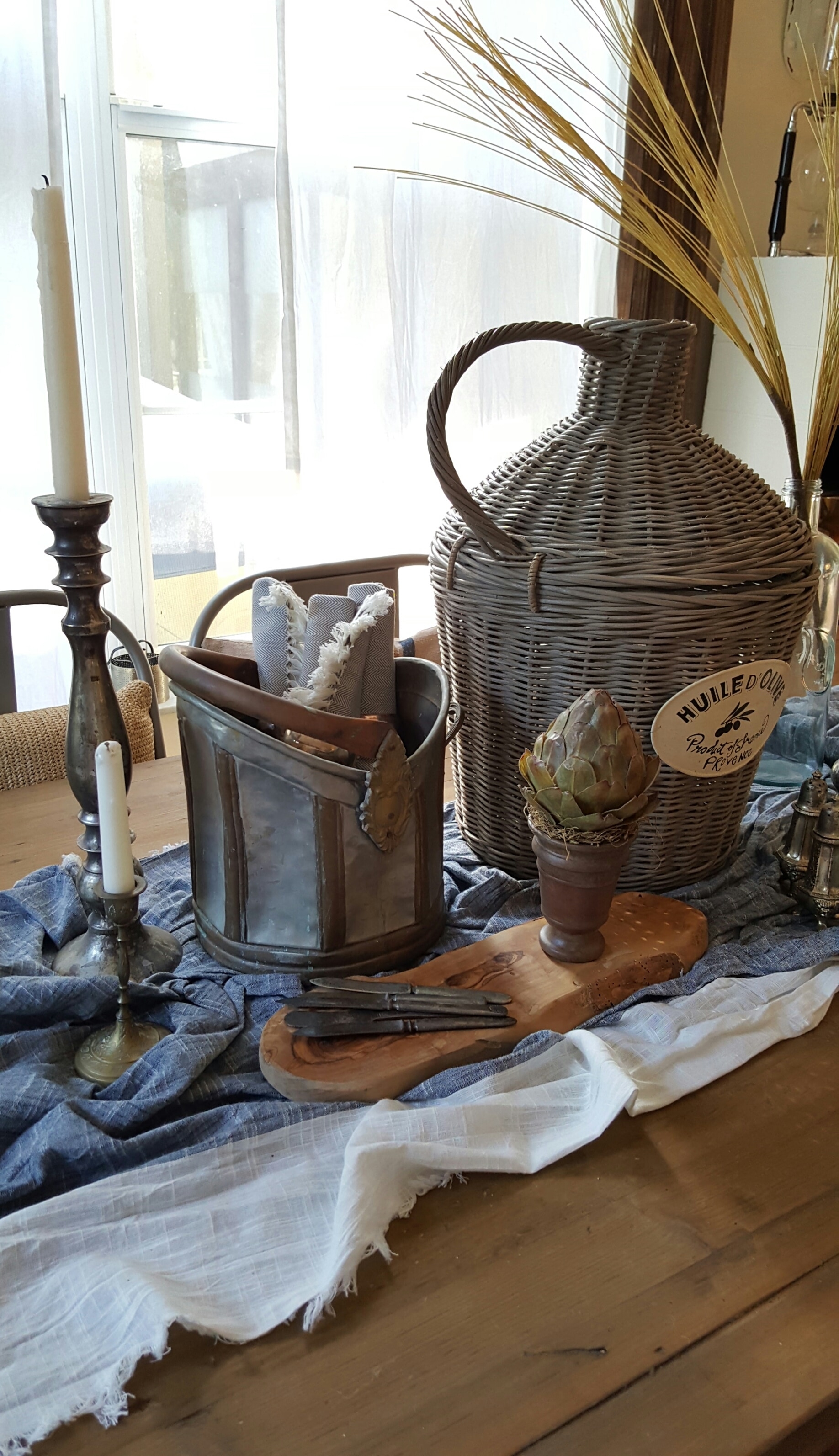 Old Rustic European Fall Tablescape Wicker French Basket Vintage Silver Glass Bottles