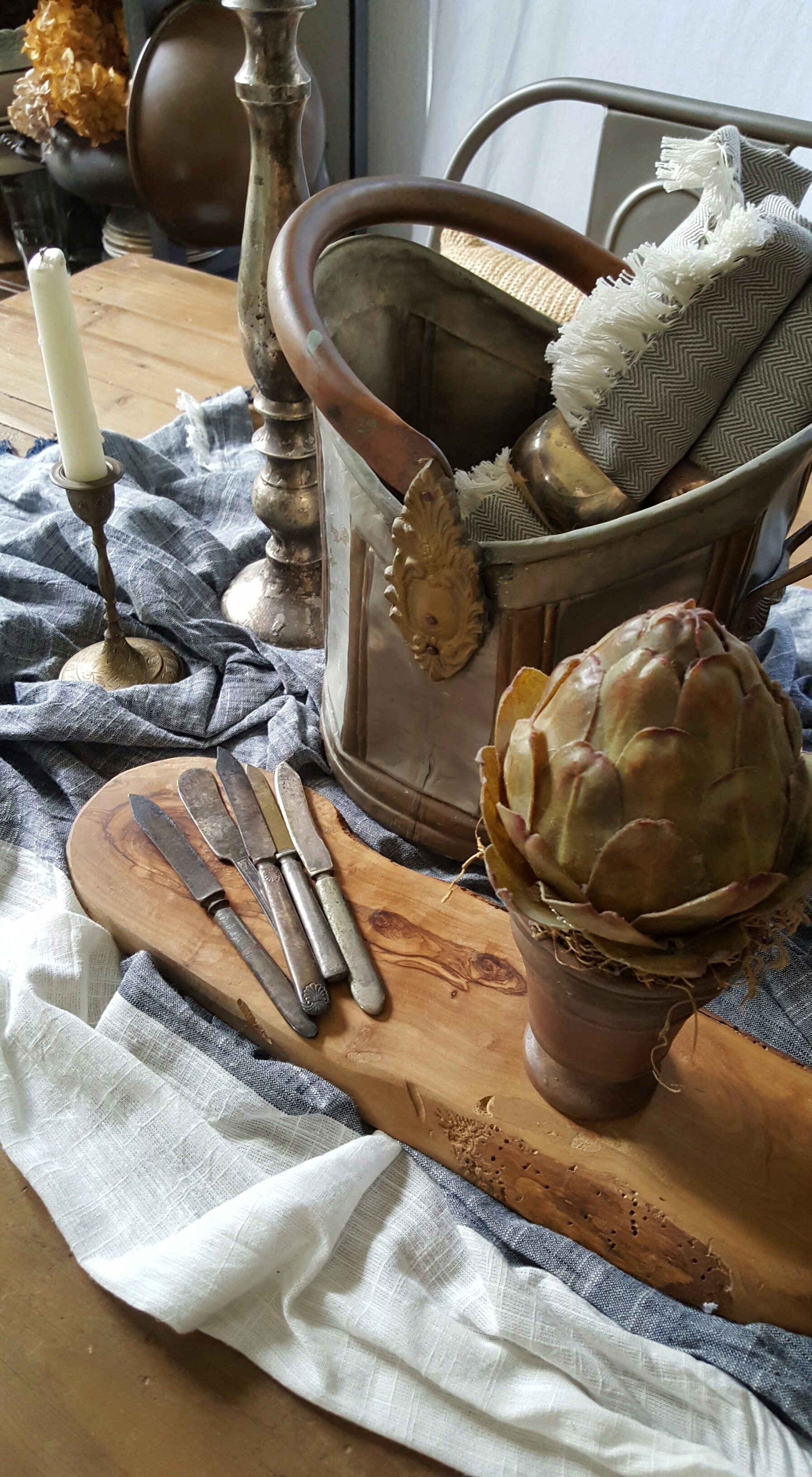 Old Rustic European Fall Tablescape Wicker French Basket Vintage Silver Glass Bottles Artichoke