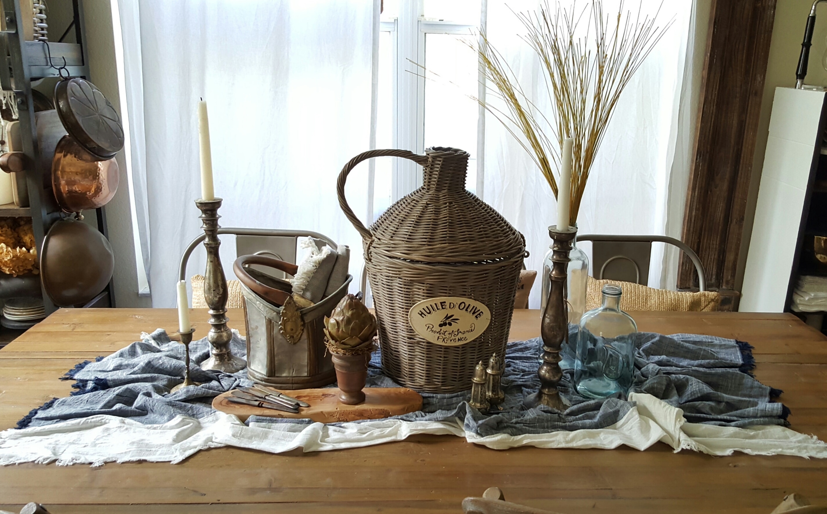 Old Rustic European Fall Tablescape Wicker French Basket Vintage Silver Glass Bottles World Market