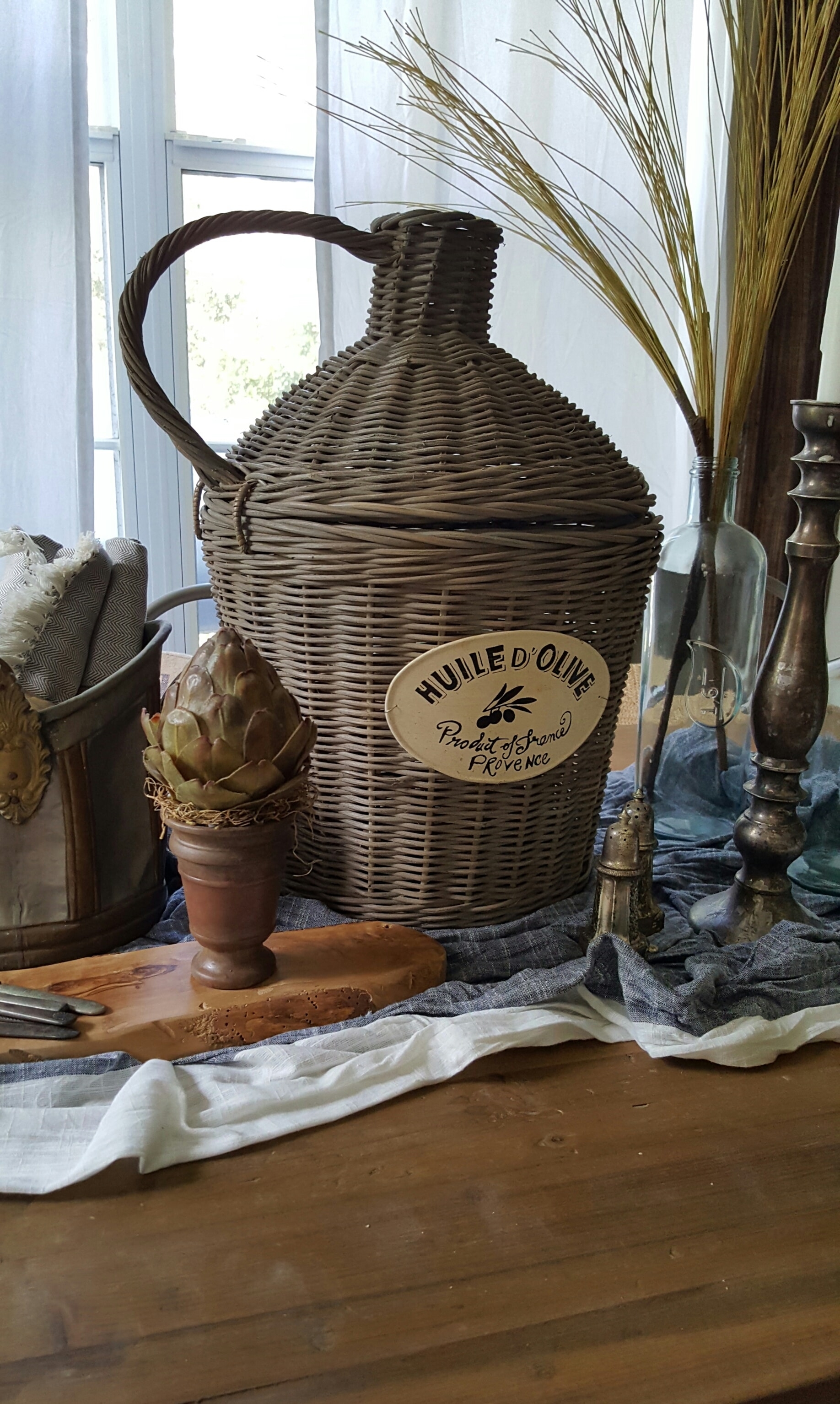 Old Rustic European Fall Tablescape Wicker French Basket Vintage Silver Glass Bottles