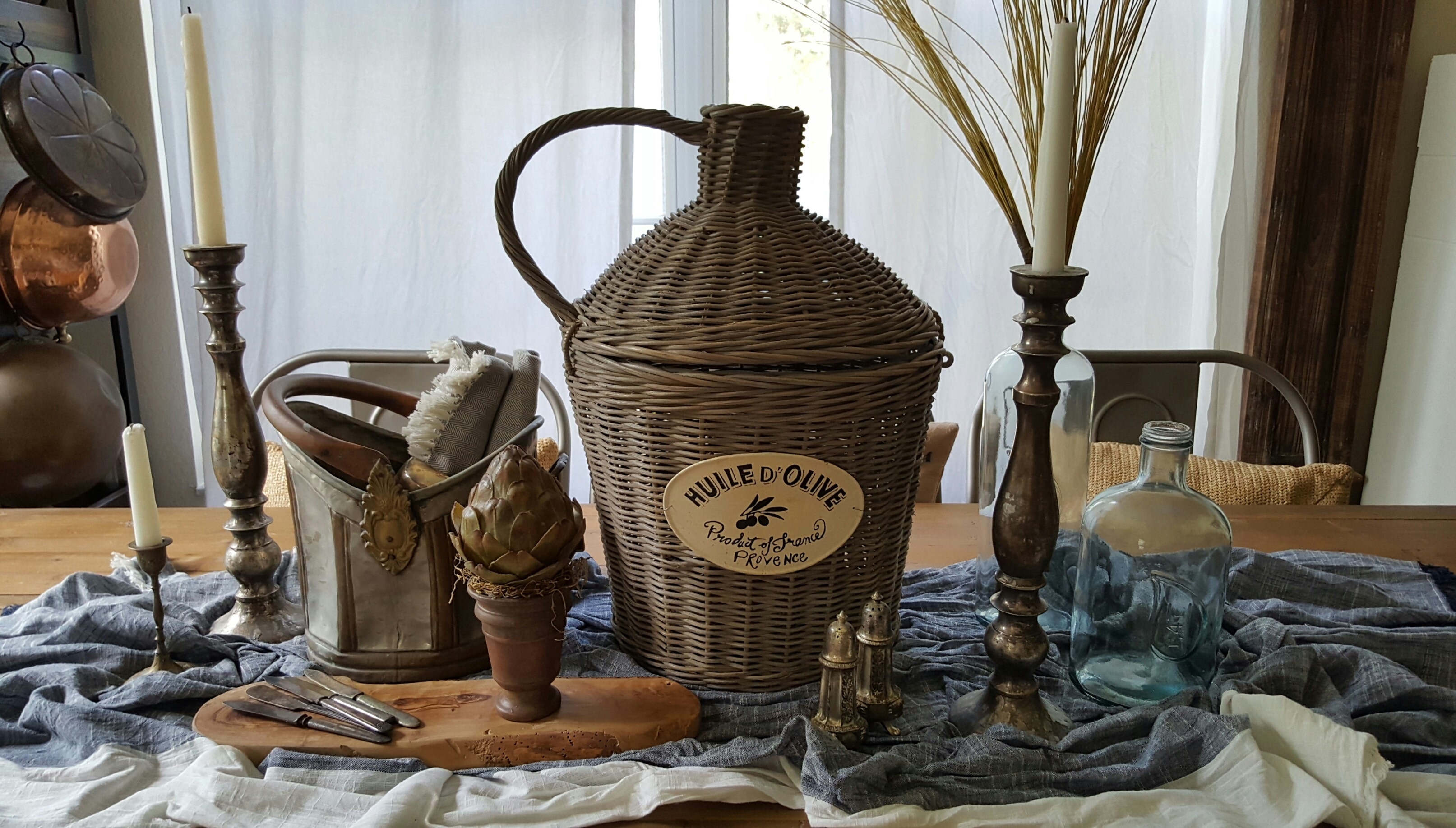 Old Rustic European Fall Tablescape Wicker French Basket Vintage Silver Glass Bottles