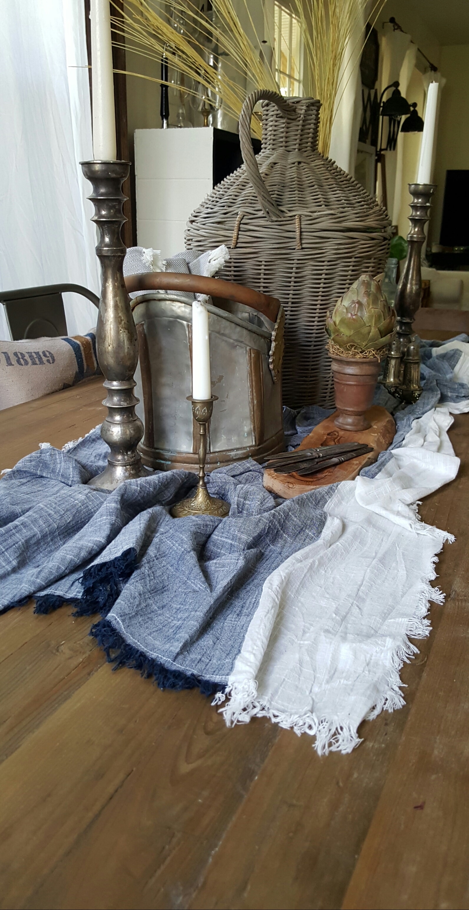 Old European Fall Tablescape Wicker Basket Vintage Silver Glass Bottles