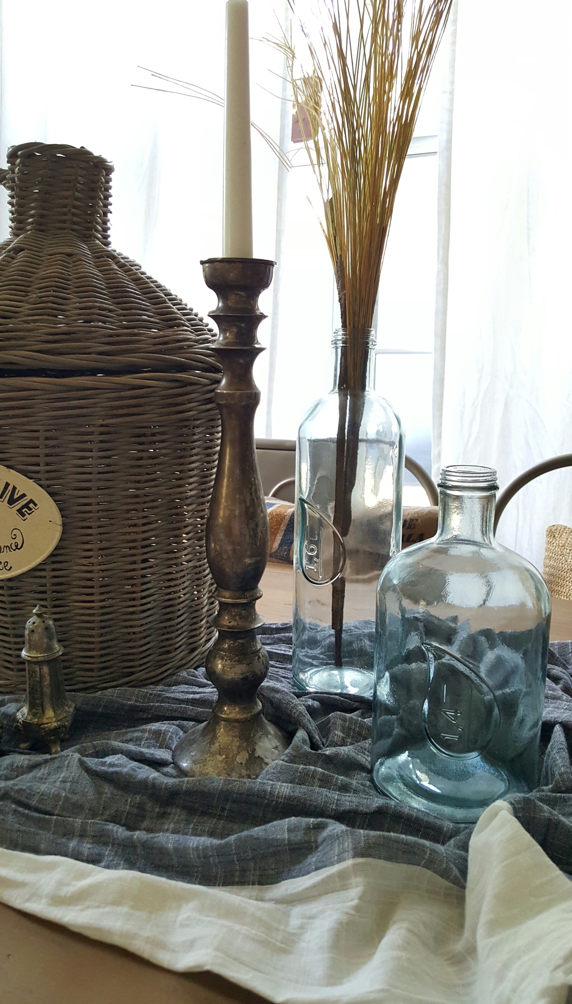 Old Rustic European Fall Tablescape Wicker French Basket Vintage Silver Glass Bottles