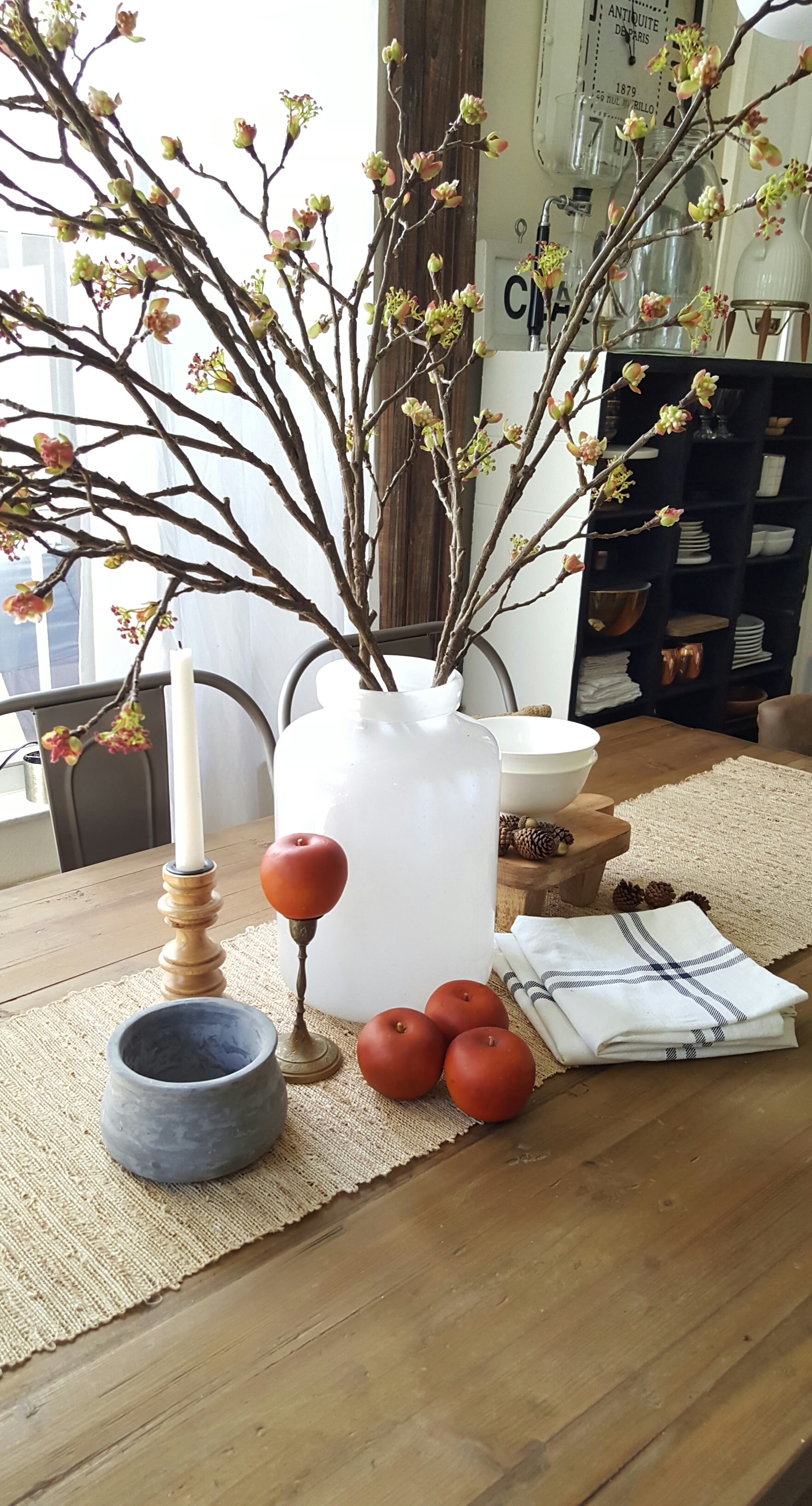 Shop the house design challenge Fall dining table decor white wood apples and blossoms