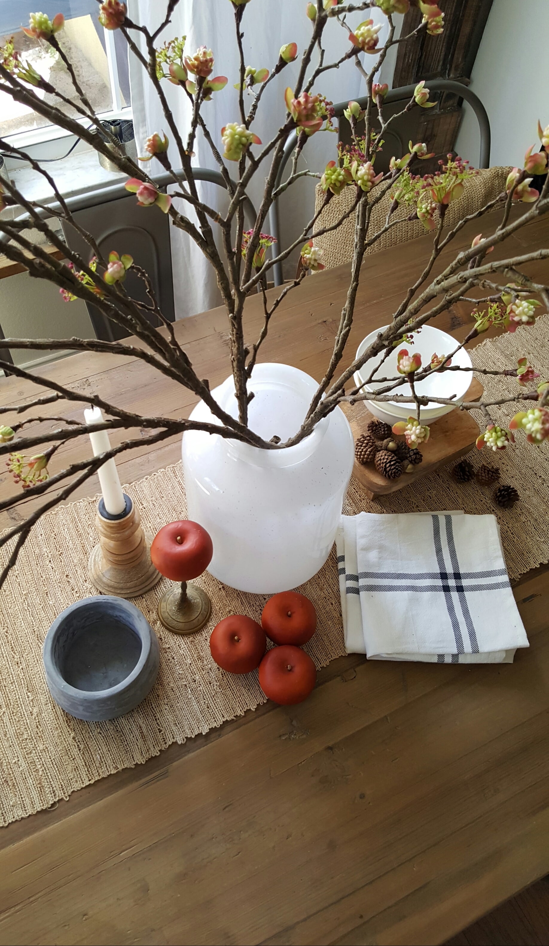 Shop the house design challenge Fall Dining Table decor apples and blossoms branches white vase
