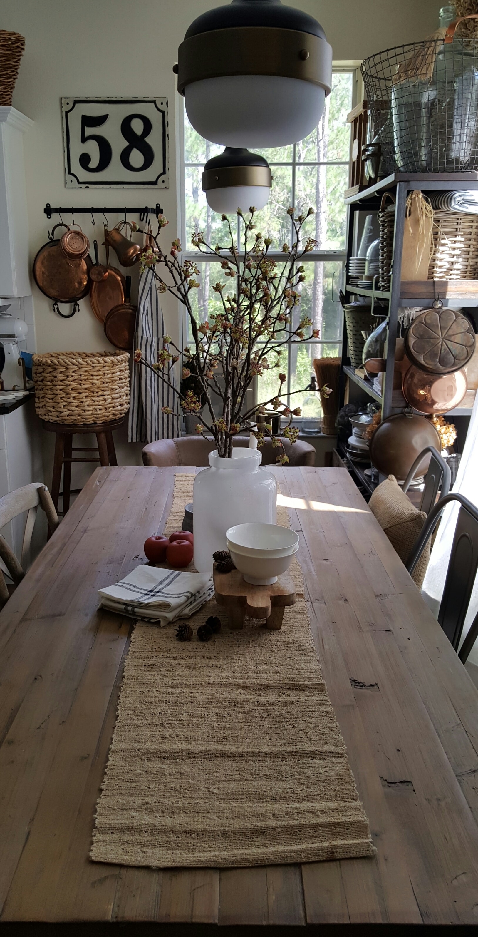 Shop the house design challenge Fall dining table Farmhouse kitchen decor white wood apples and blossoms