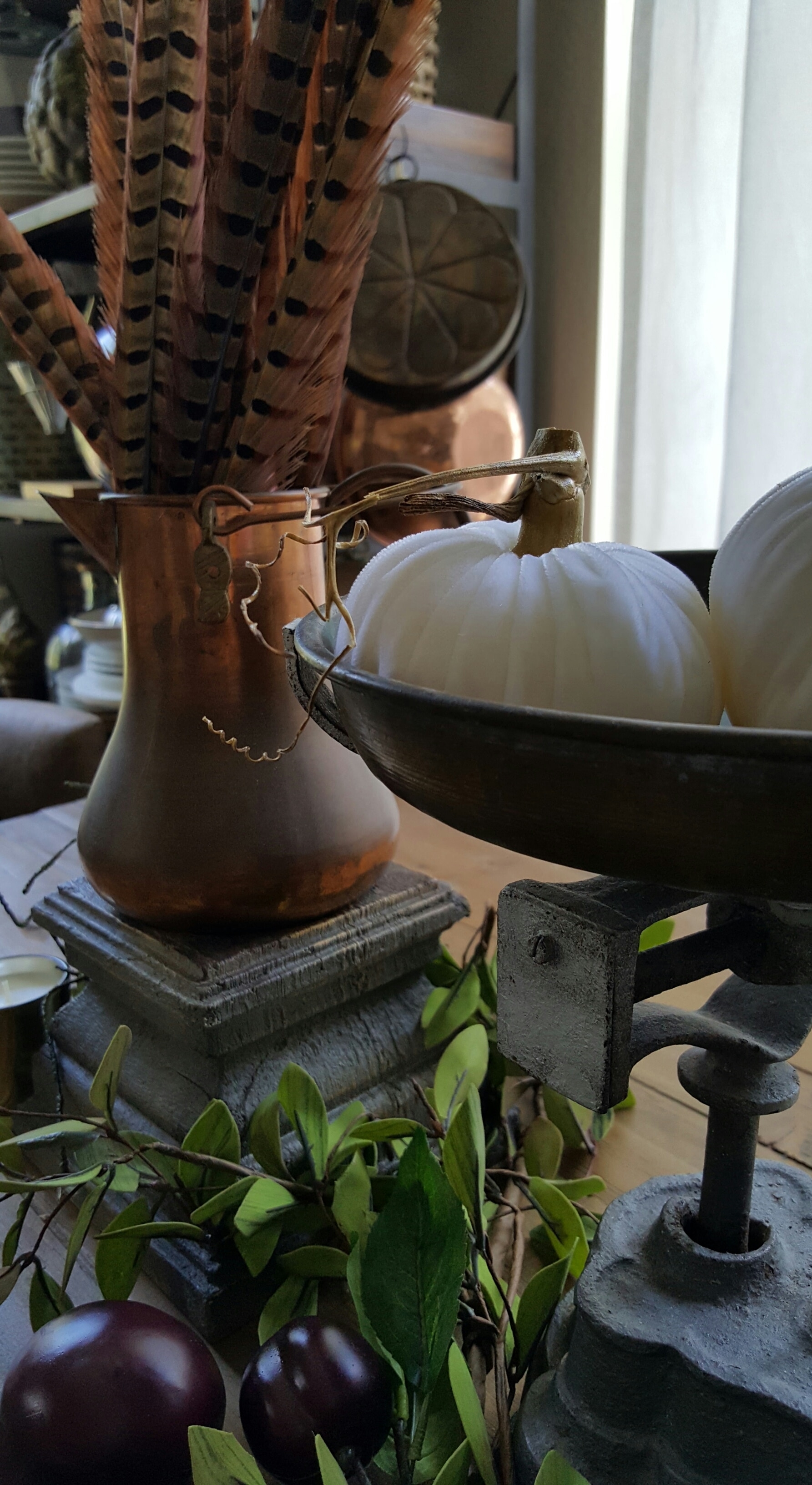 copper white pumpkins antique scale dining table fall