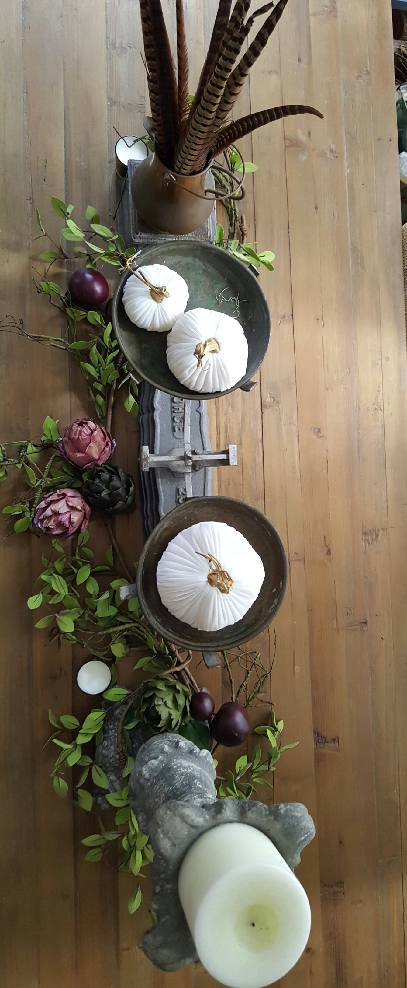 white pumpkins artichoke garland dining table antique scale fall