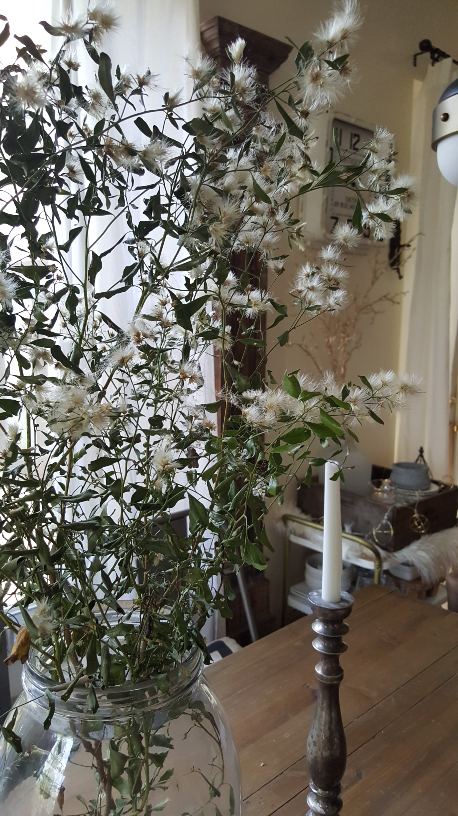 White Flowers and Branches in Fall and Winter Home Decor, Farmhouse Table