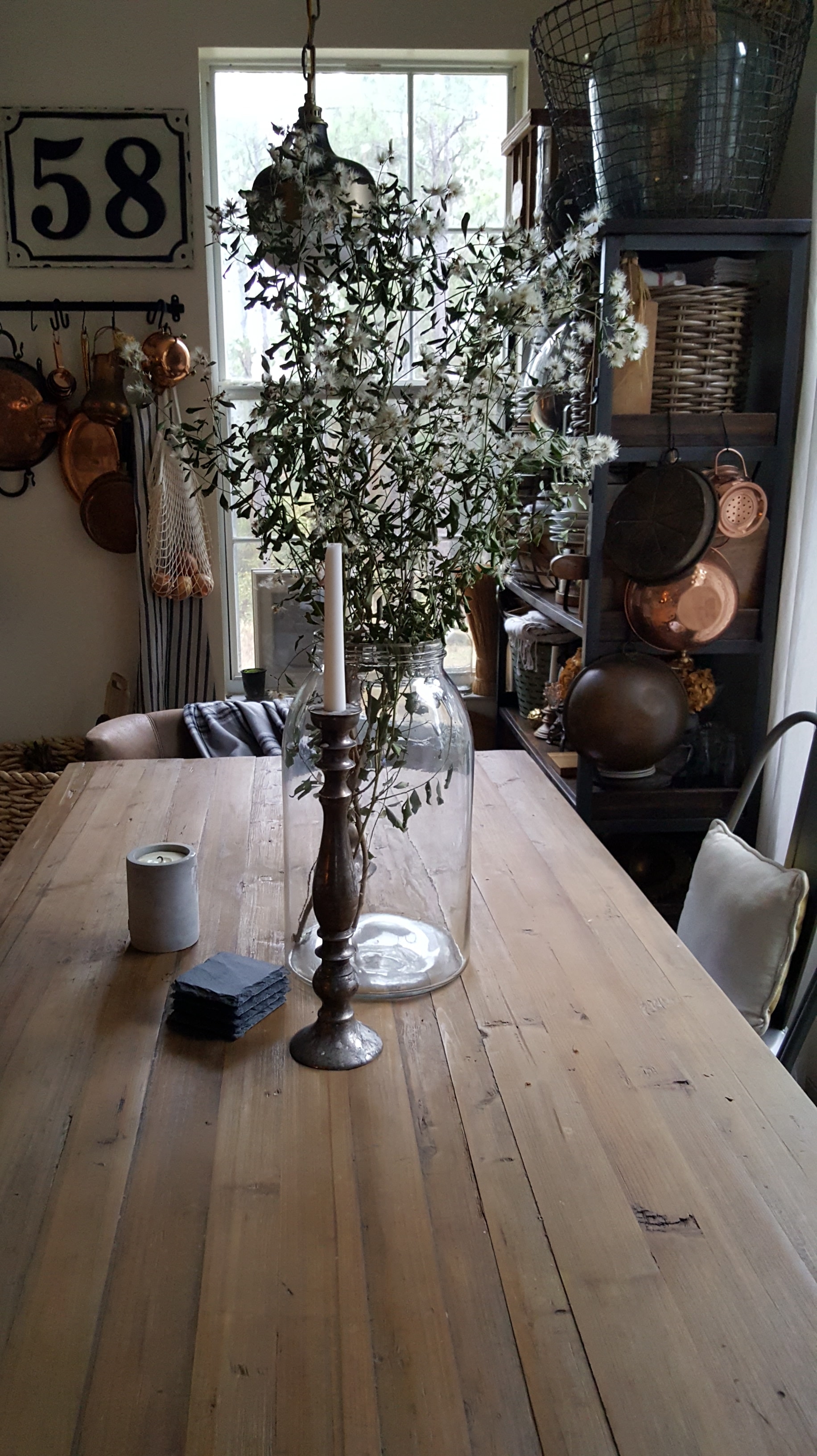 White Flowers and Dried Branches in Home Decor Farmhouse Kitchen and Dining Table