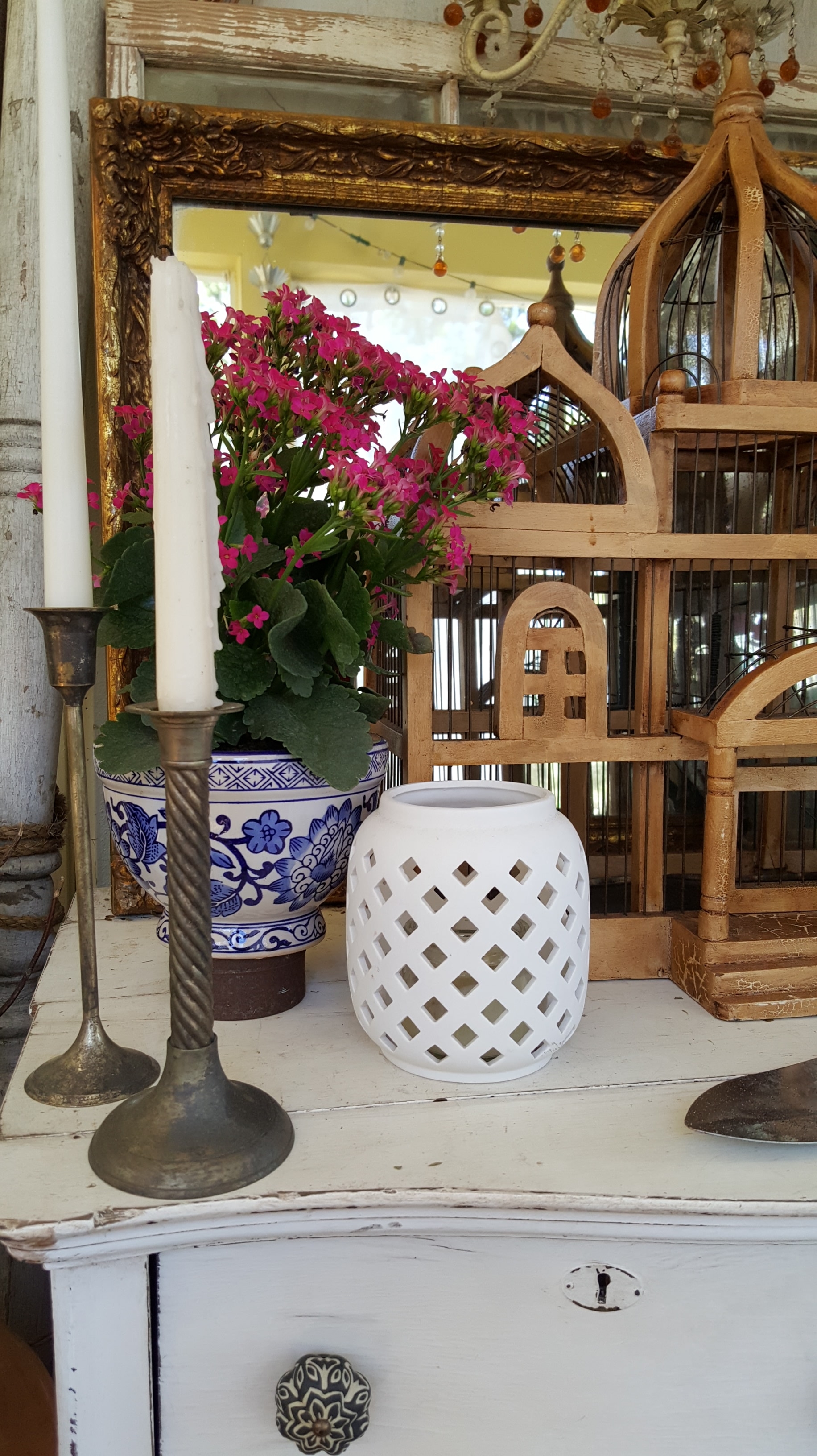 Spring Home Decor Blog Hop Back Porch Outdoor decor blue pottery glass Farmhouse dresser Orchid wood birdcage