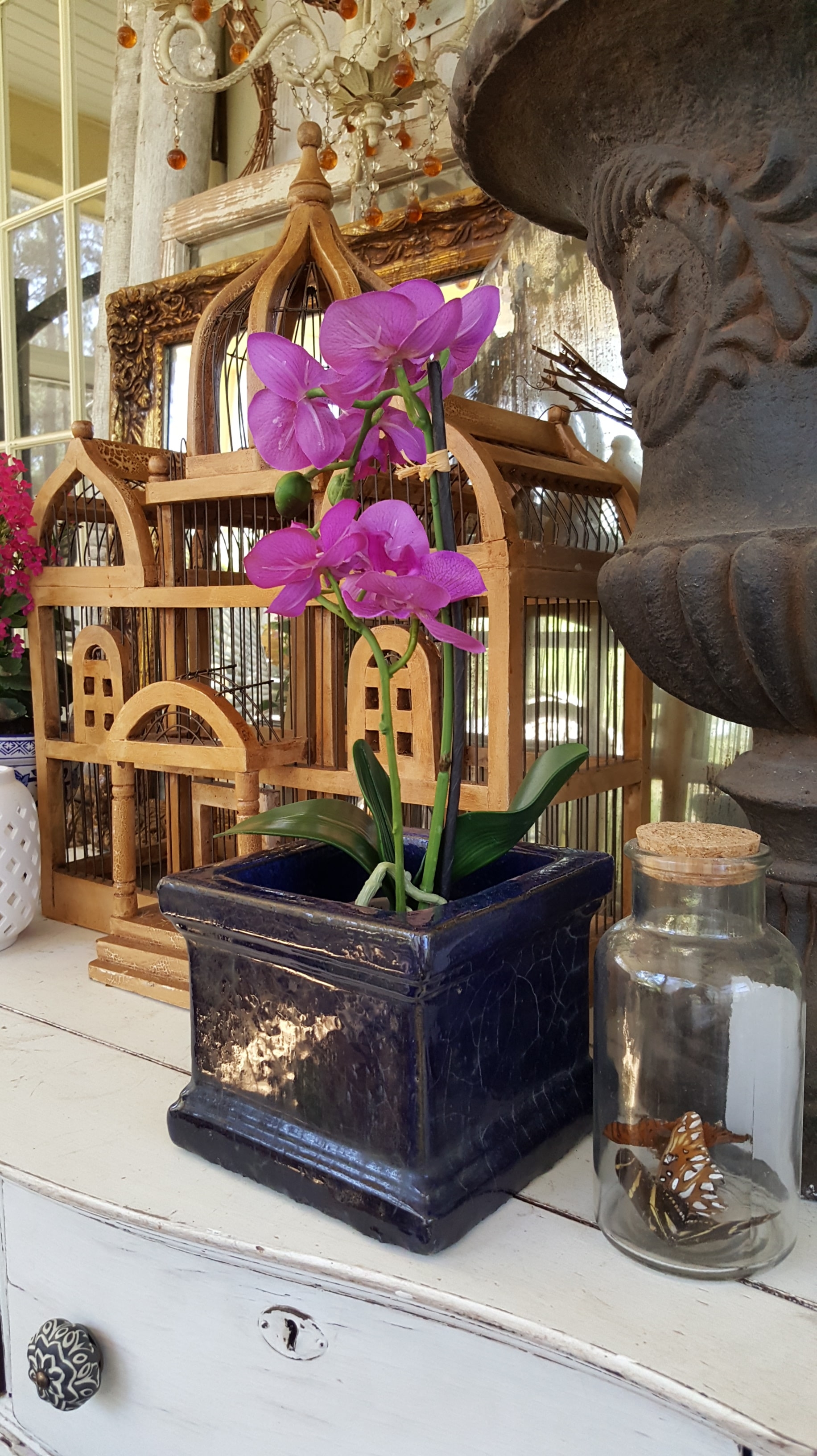 Spring Home Decor Blog Hop Back Porch Outdoor decor blue pottery glass Farmhouse dresser Orchid wood birdcage