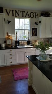 Spring Blog Tour White Kitchen Pink Rug Rugs USA Homegoods Farmhouse Eclectic Artwork Greenery Decor