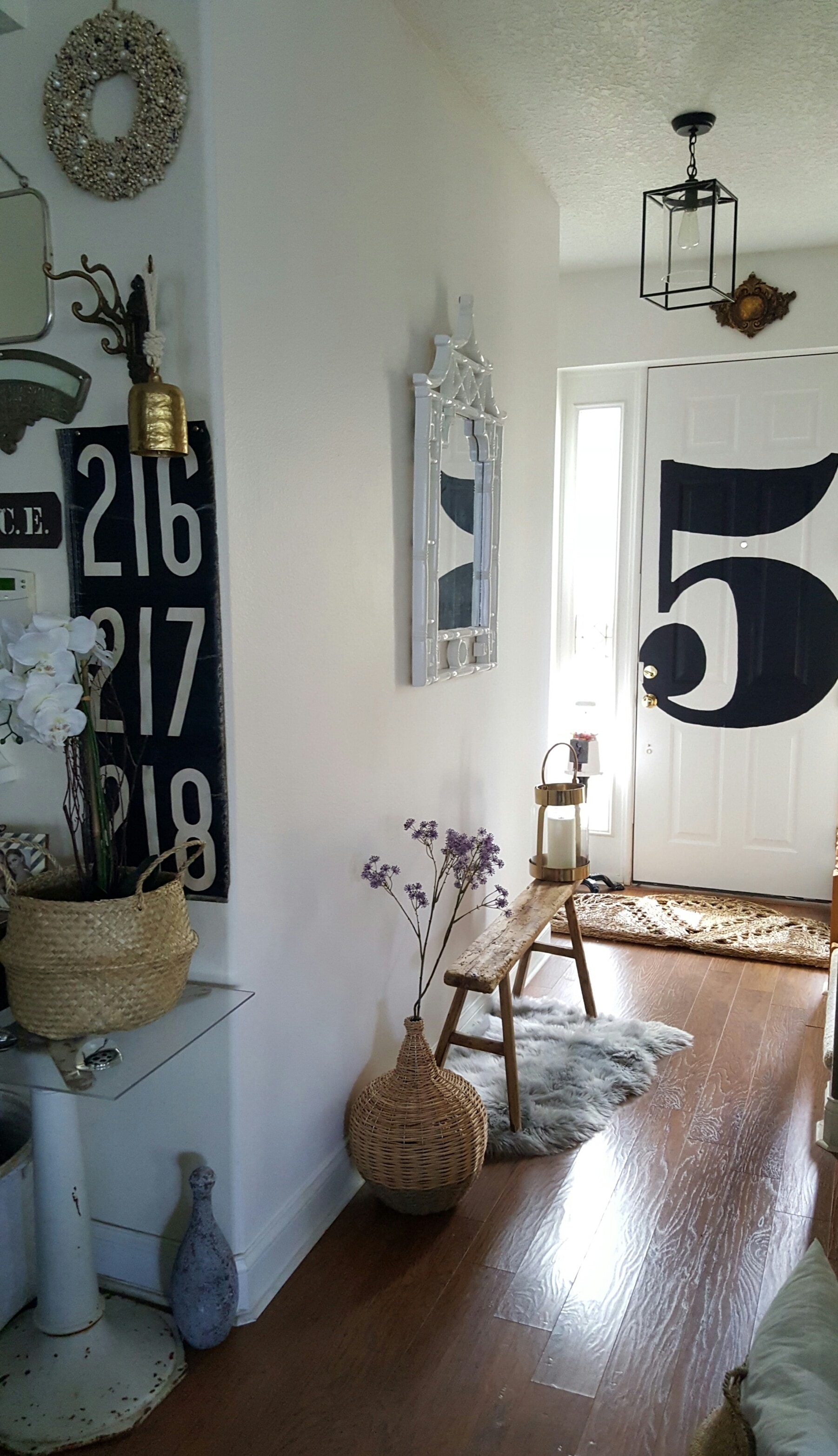 Spring Home Decor Blog Tour White Foyer Makeover Modern Farmhouse Eclectic White Wood Mirror