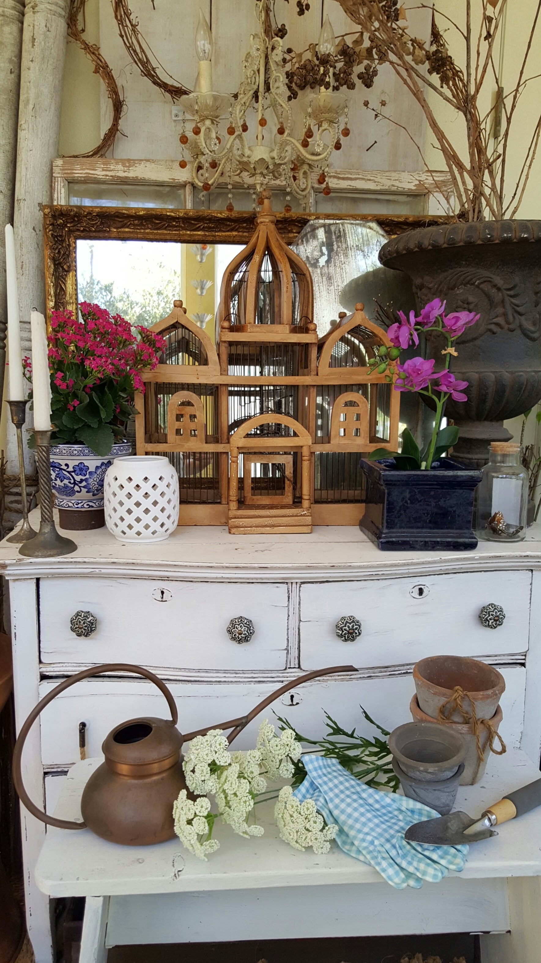 Spring Home Decor Blog Hop Back Porch Outdoor decor blue pottery glass Farmhouse dresser Orchid wood birdcage