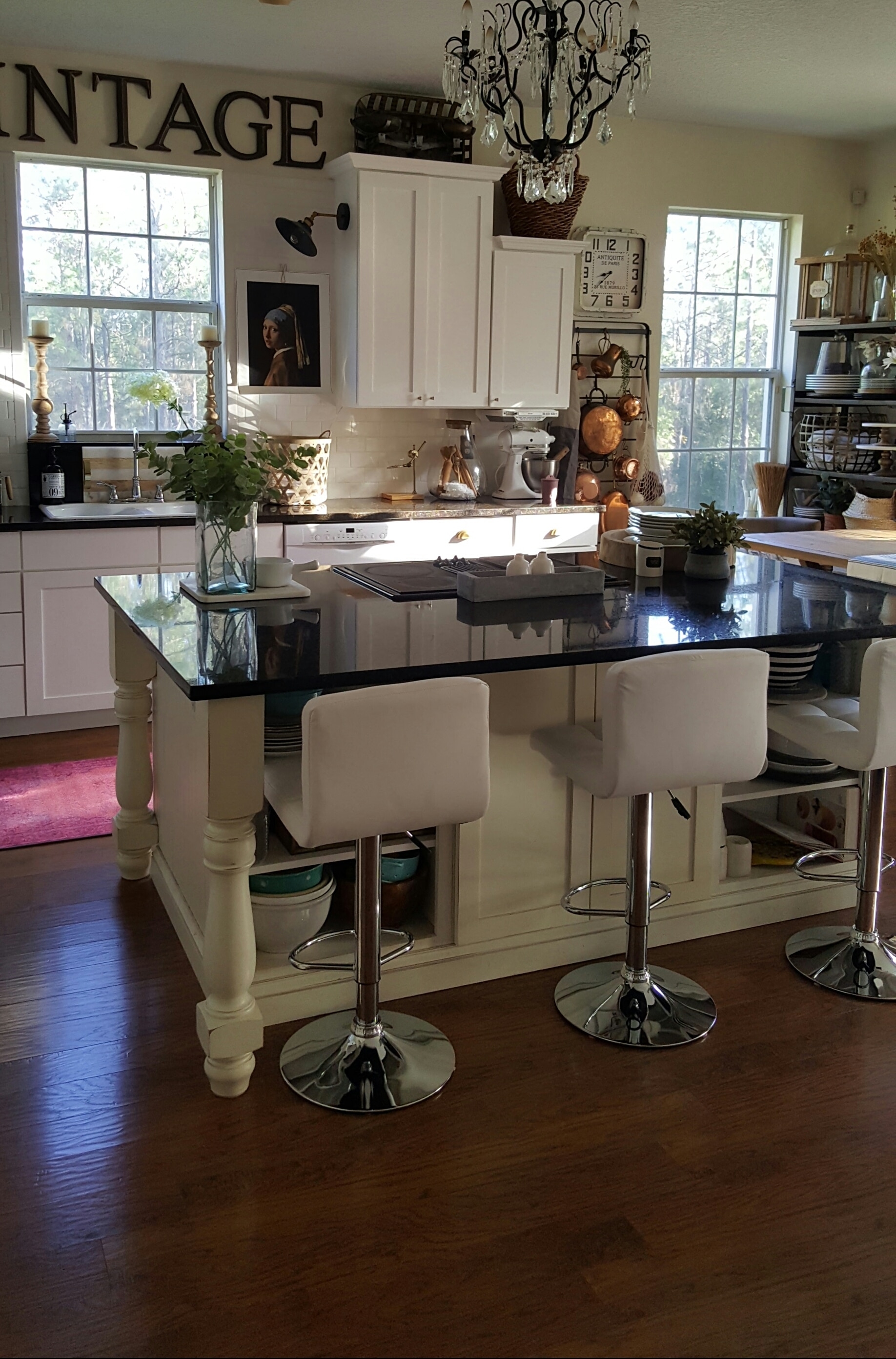 Spring Home Decor Blog Tour White Kitchen Blue Pink Decor Greenery Modern Stools Artwork Makeover