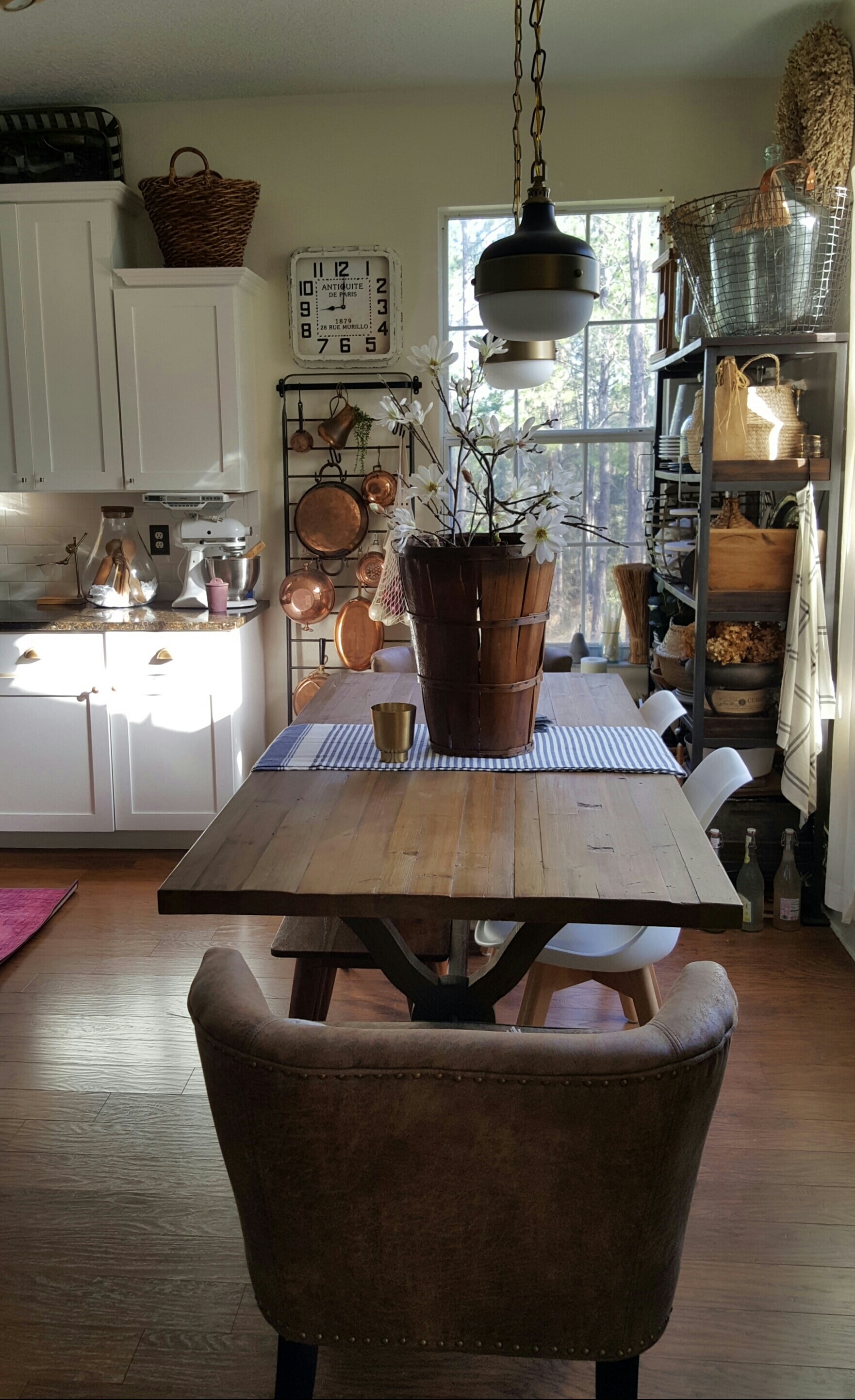 Spring Blog Tour White Kitchen Vintage Basket Branches Homegoods Farmhouse Rustic Copper Table Greenery Decor