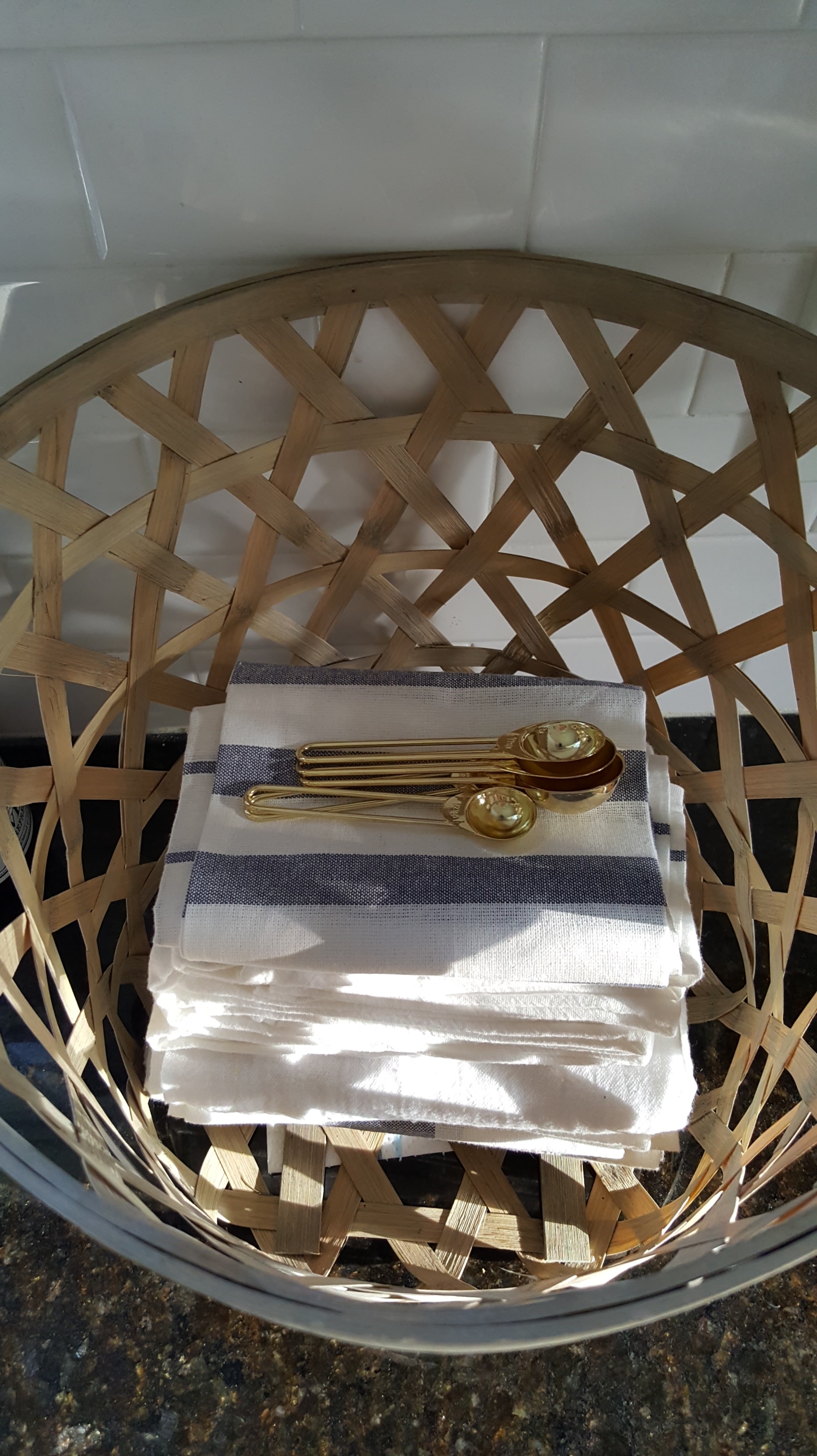 Spring Blog Tour White Farmhouse Kitchen Blue Linens Basket Decor