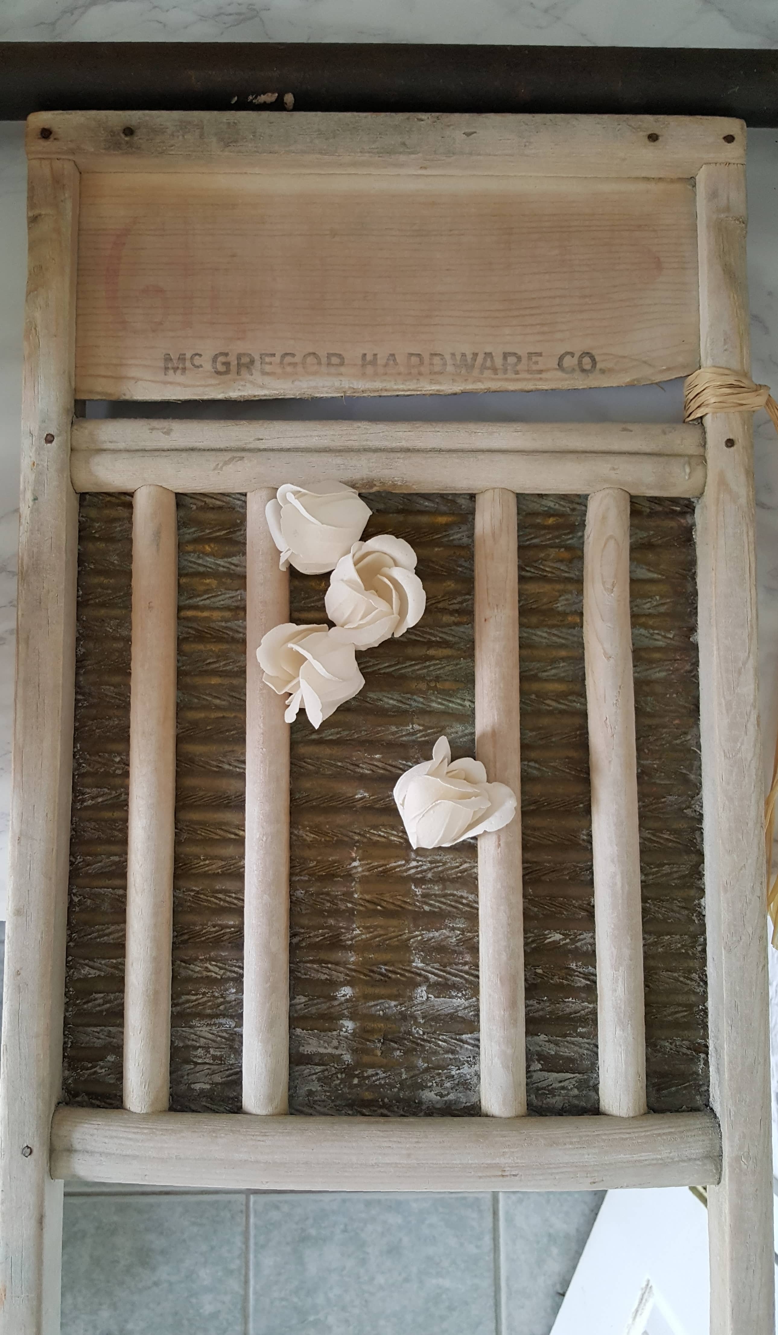 One Room Challenge Urban Industrial Vintage Laundry Room Open Shelving Gold Decor Antique wash board white roses 