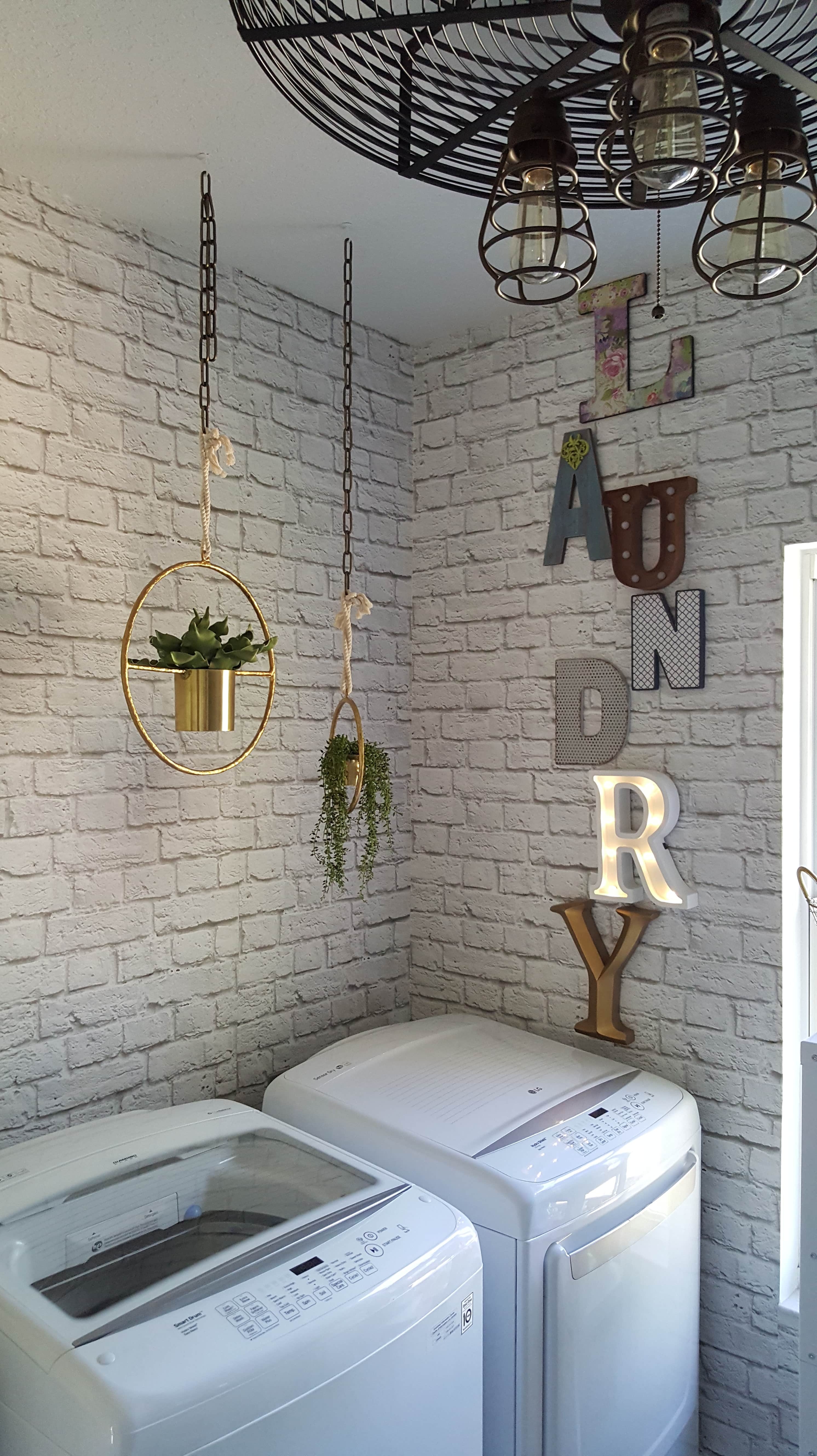 Beesnburlap One Room Challenge Urban Industrial Vintage Glam Laundry Room Reveal Makeover DIY Inspiration Brick Wallpaper Wood Wall Modern Farmhouse Decor White Sink Vintage Scale Pottery Flowers