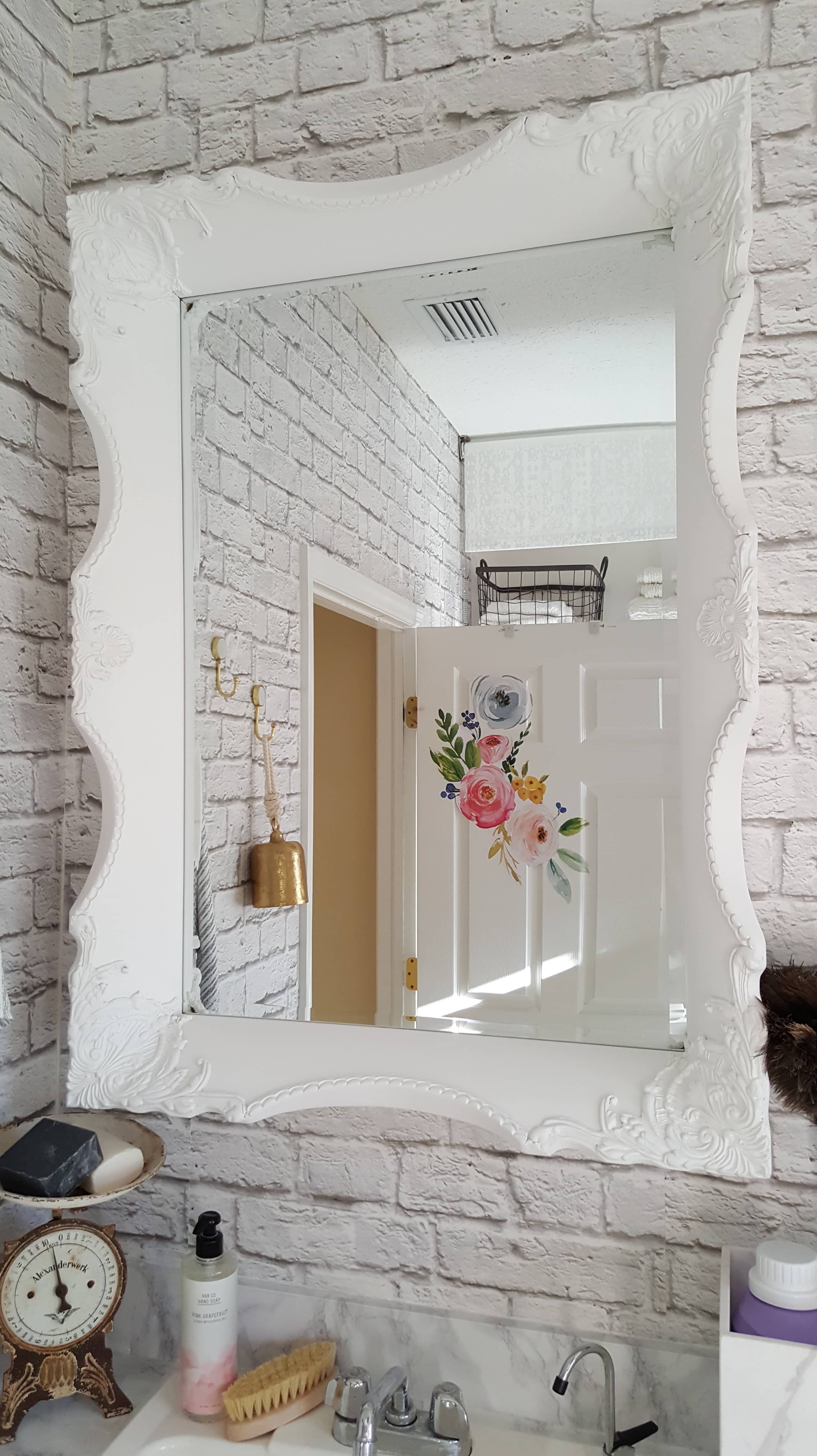 Beesnburlap One Room Challenge Urban Industrial Vintage Glam Laundry Room Reveal Makeover DIY Inspiration Brick Wallpaper Wood Wall Modern Farmhouse Decor White Sink Vintage Scale Pottery Flowers