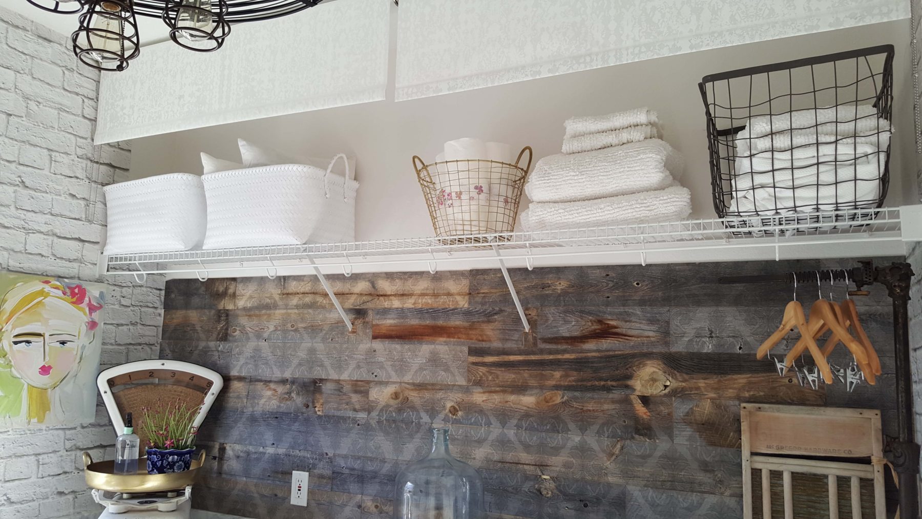 Beesnburlap One Room Challenge Urban Industrial Vintage Glam Laundry Room Reveal Makeover DIY Inspiration Art Hamper Brick Wallpaper Wood Wall Modern Farmhouse Decor Industrial Vintage Scale Storage