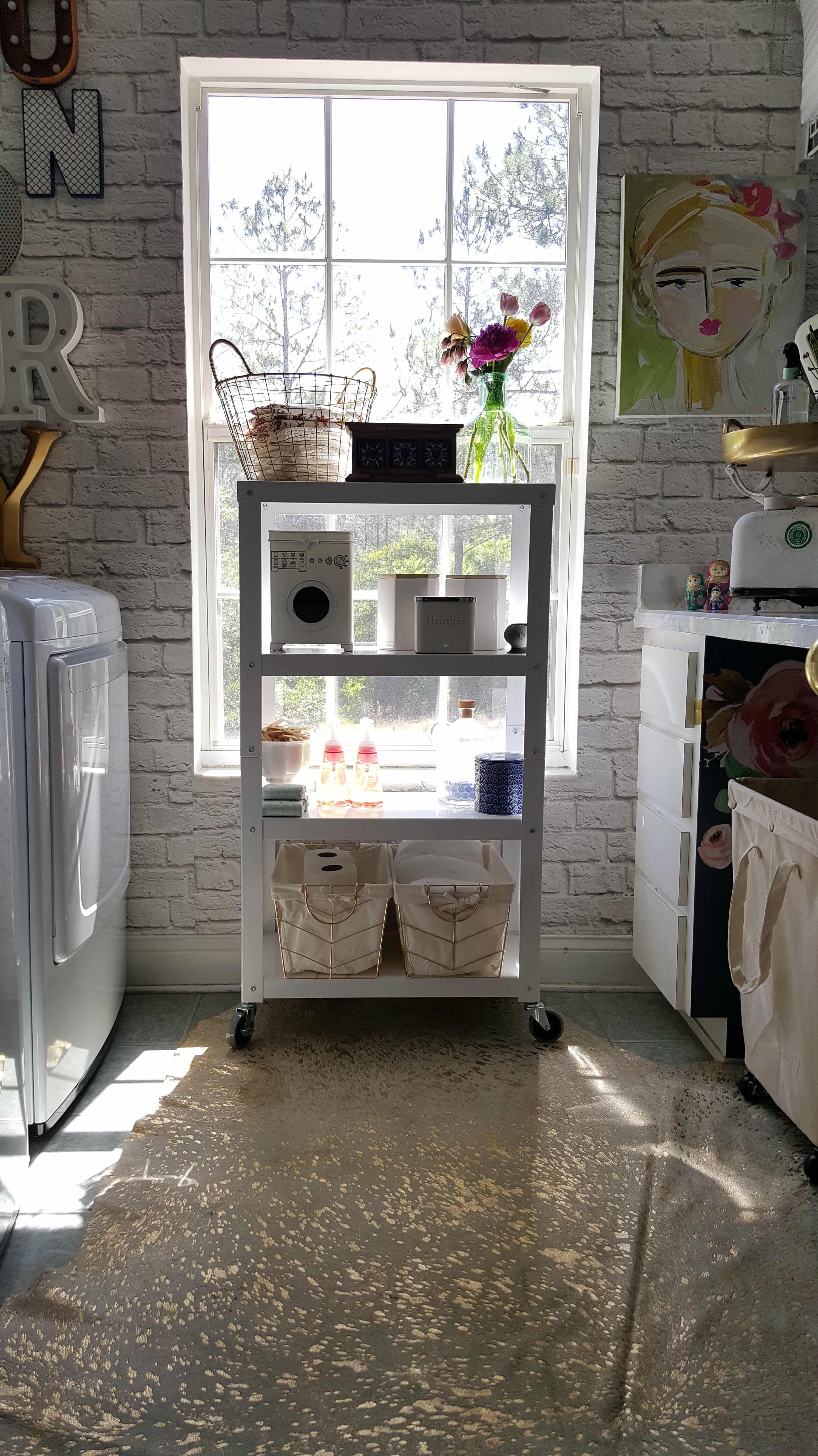 Beesnburlap One Room Challenge Urban Industrial Vintage Glam Laundry Room Reveal Makeover DIY Inspiration Brick Wallpaper Wood Wall Modern Farmhouse Decor White Sink Vintage Scale Pottery Flowers