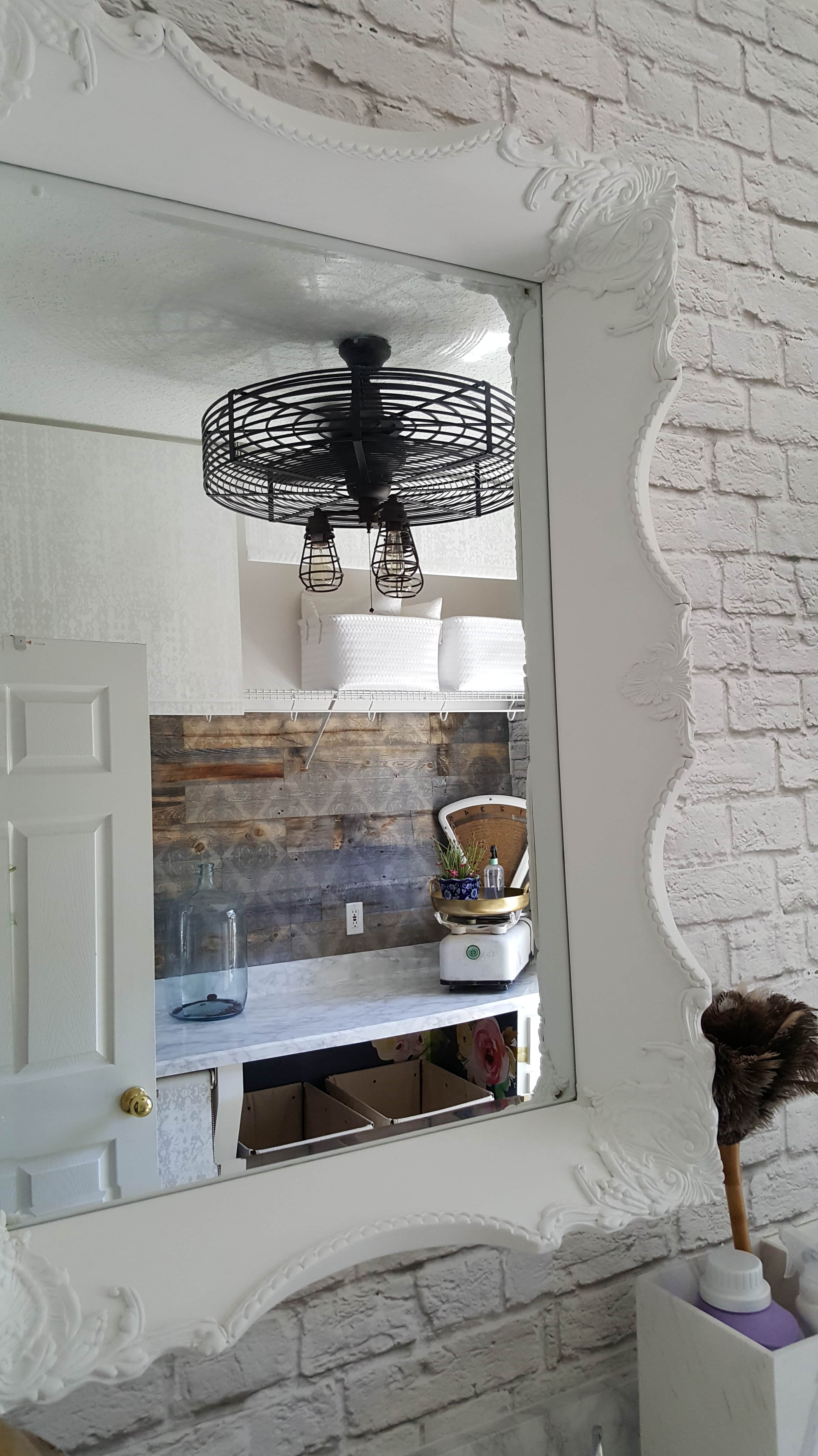 Beesnburlap One Room Challenge Urban Industrial Vintage Glam Laundry Room Reveal Makeover DIY Inspiration Brick Wallpaper Wood Wall Modern Farmhouse Decor Mirror