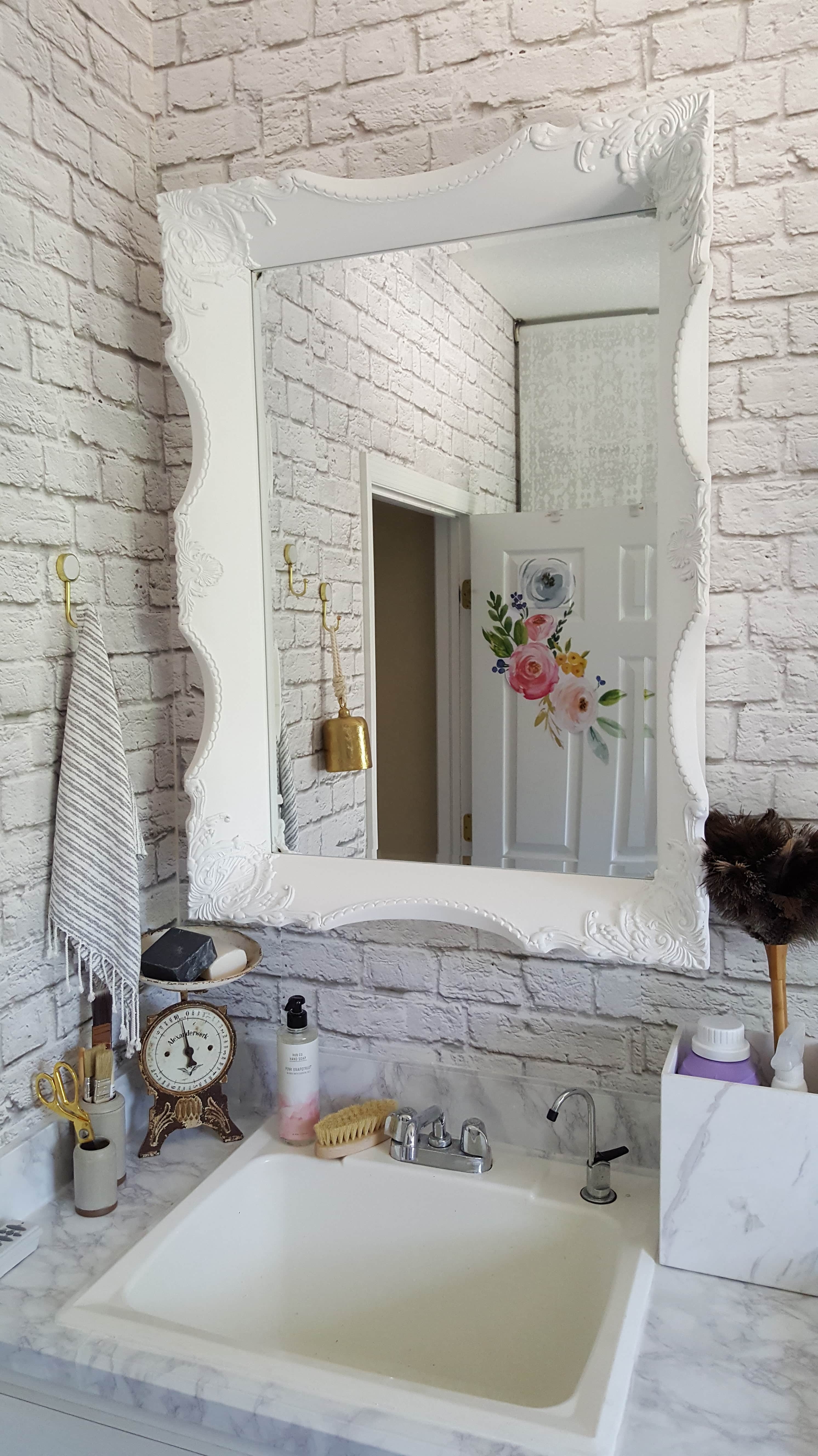 Beesnburlap One Room Challenge Urban Industrial Vintage Glam Laundry Room Reveal Makeover DIY Inspiration Brick Wallpaper Wood Wall Modern Farmhouse Decor White Sink Vintage Scale Pottery Flowers