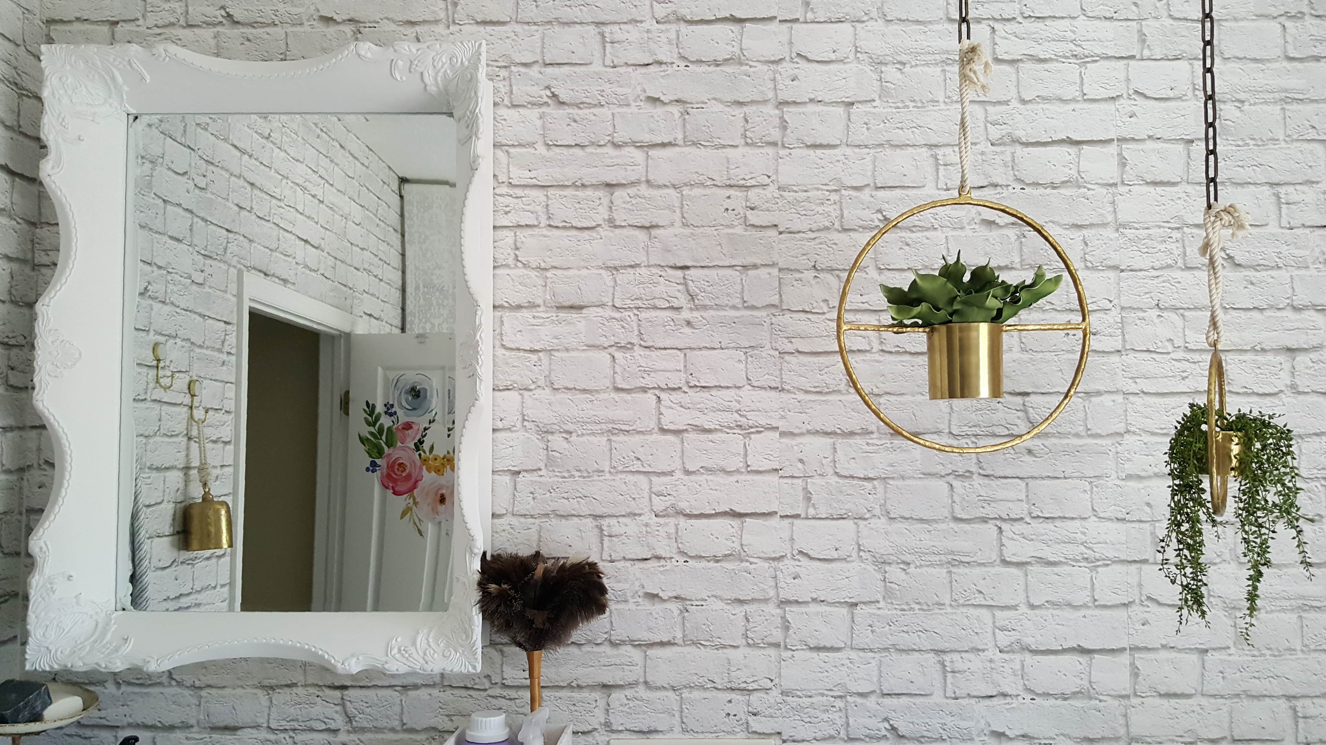 Beesnburlap One Room Challenge Urban Industrial Vintage Glam Laundry Room Reveal Makeover DIY Inspiration Brick Wallpaper Wood Wall Modern Farmhouse Decor Mirror Boho Plants