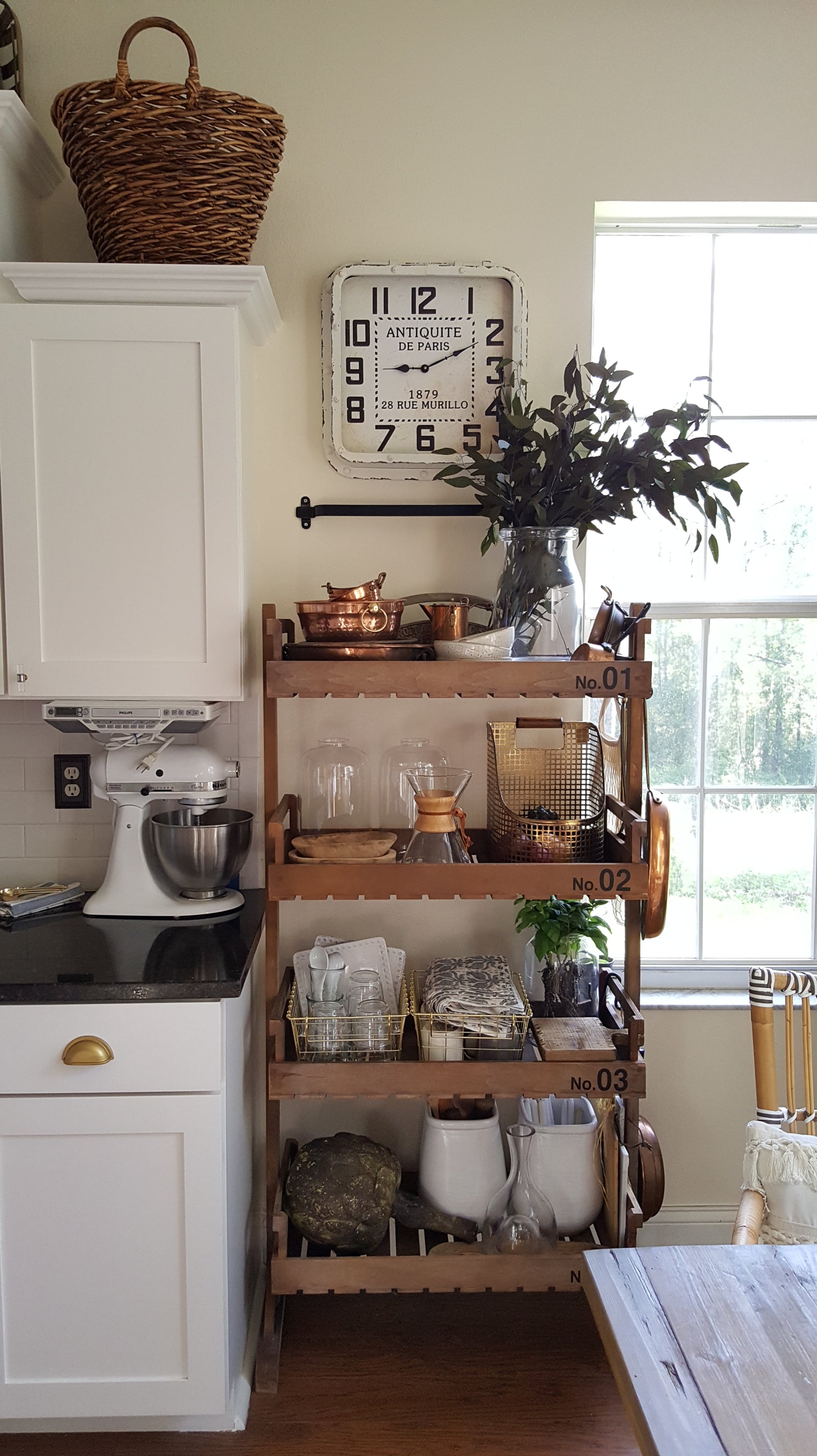 Beesnburlap Summer home blog tour modern farmhouse rustic vintage kitchen decor copper pots open shelving wood rack