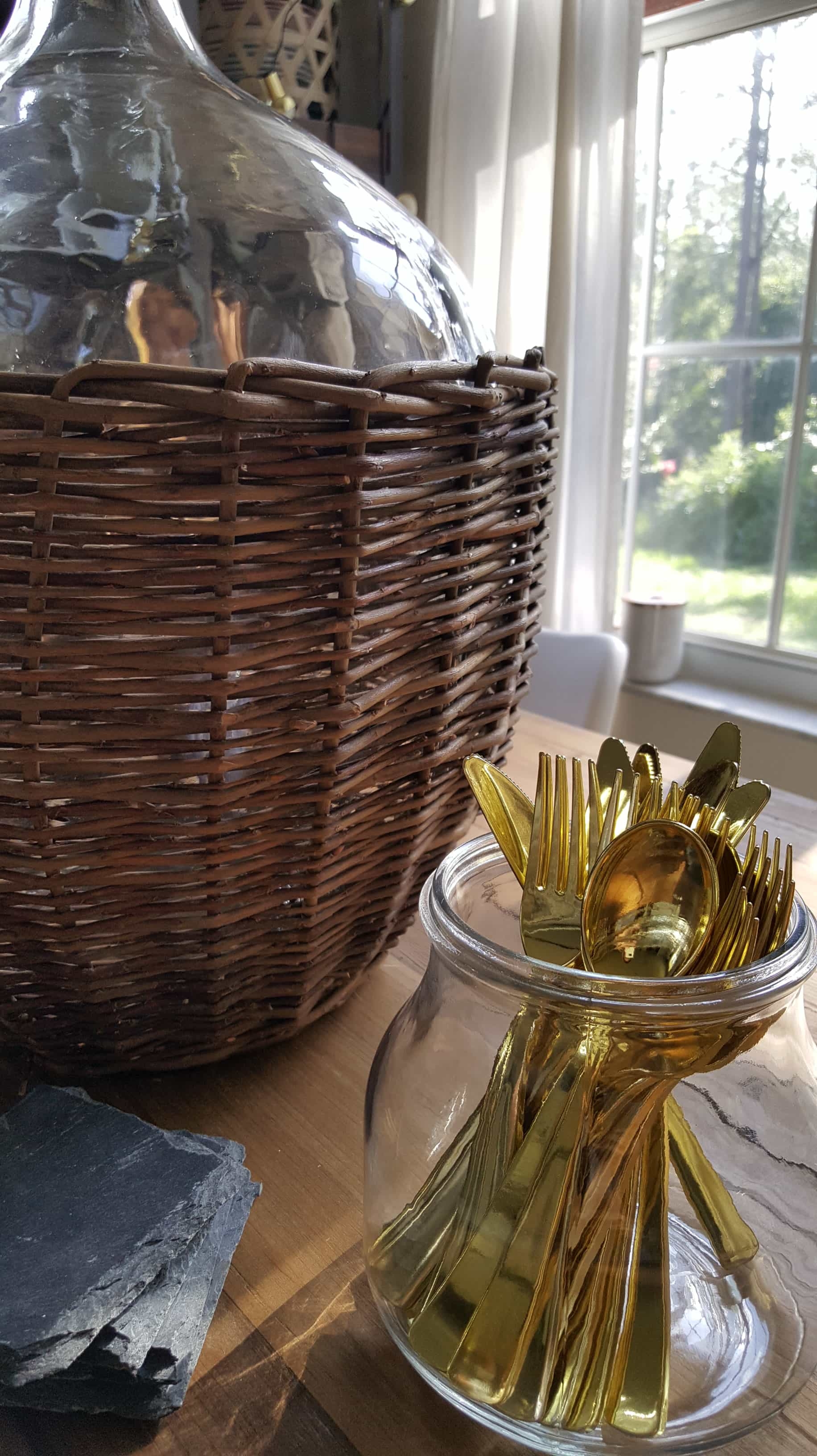 Beesnburlap Summer home blog tour brass chandelier flowers herbs modern farmhouse rustic vintage white kitchen decor copper pots open shelving wood rack chandelier Scandinavian design