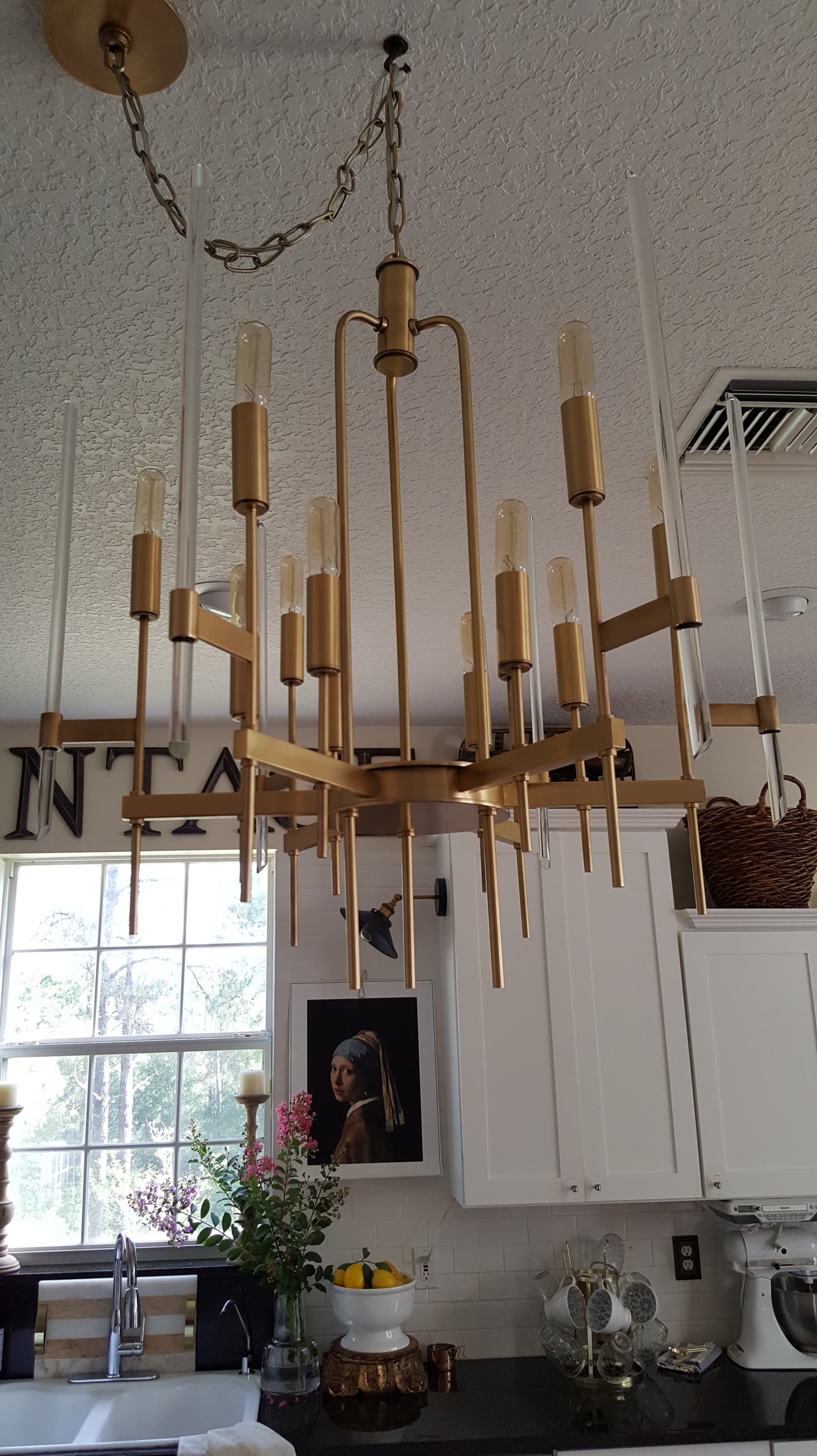 Beesnburlap Summer home blog tour brass chandelier flowers herbs modern farmhouse rustic vintage white kitchen decor copper pots open shelving wood rack chandelier Scandinavian design