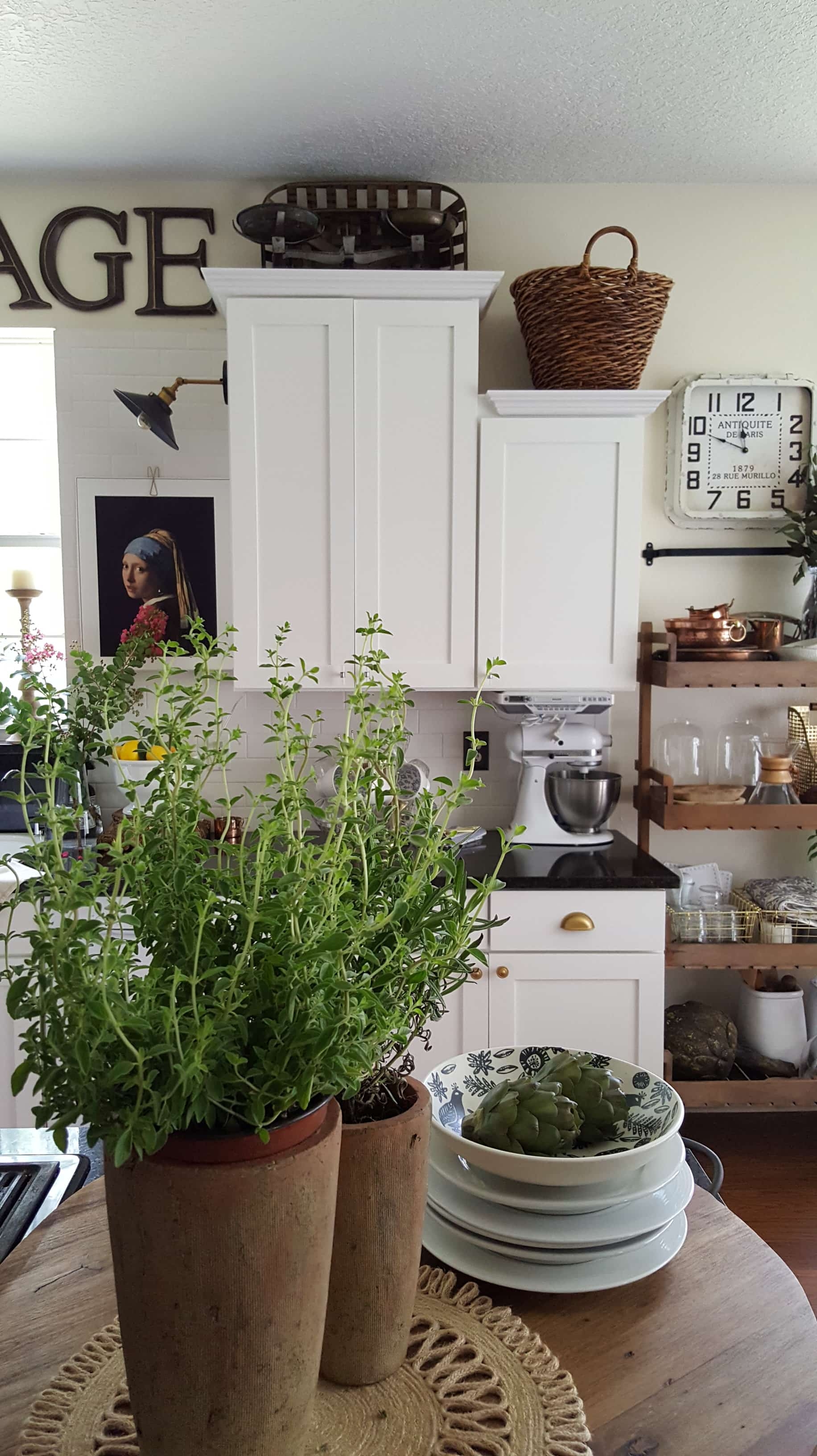 Beesnburlap Summer home blog tour flowers herbs modern farmhouse rustic vintage kitchen decor copper pots open shelving wood rack Scandinavian design