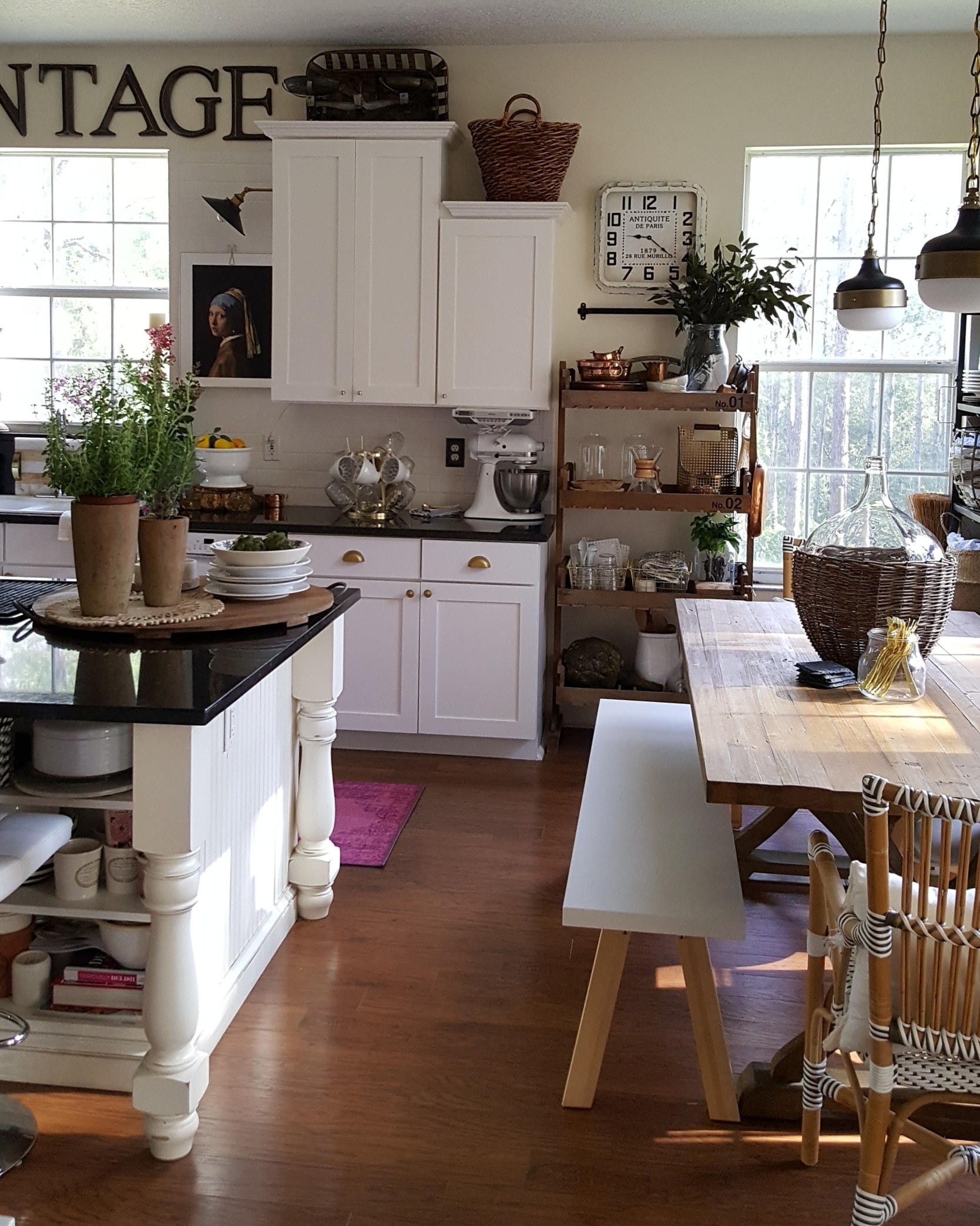 Beesnburlap Summer home blog tour brass chandelier flowers herbs modern farmhouse rustic vintage white kitchen decor copper pots open shelving wood rack chandelier Scandinavian design