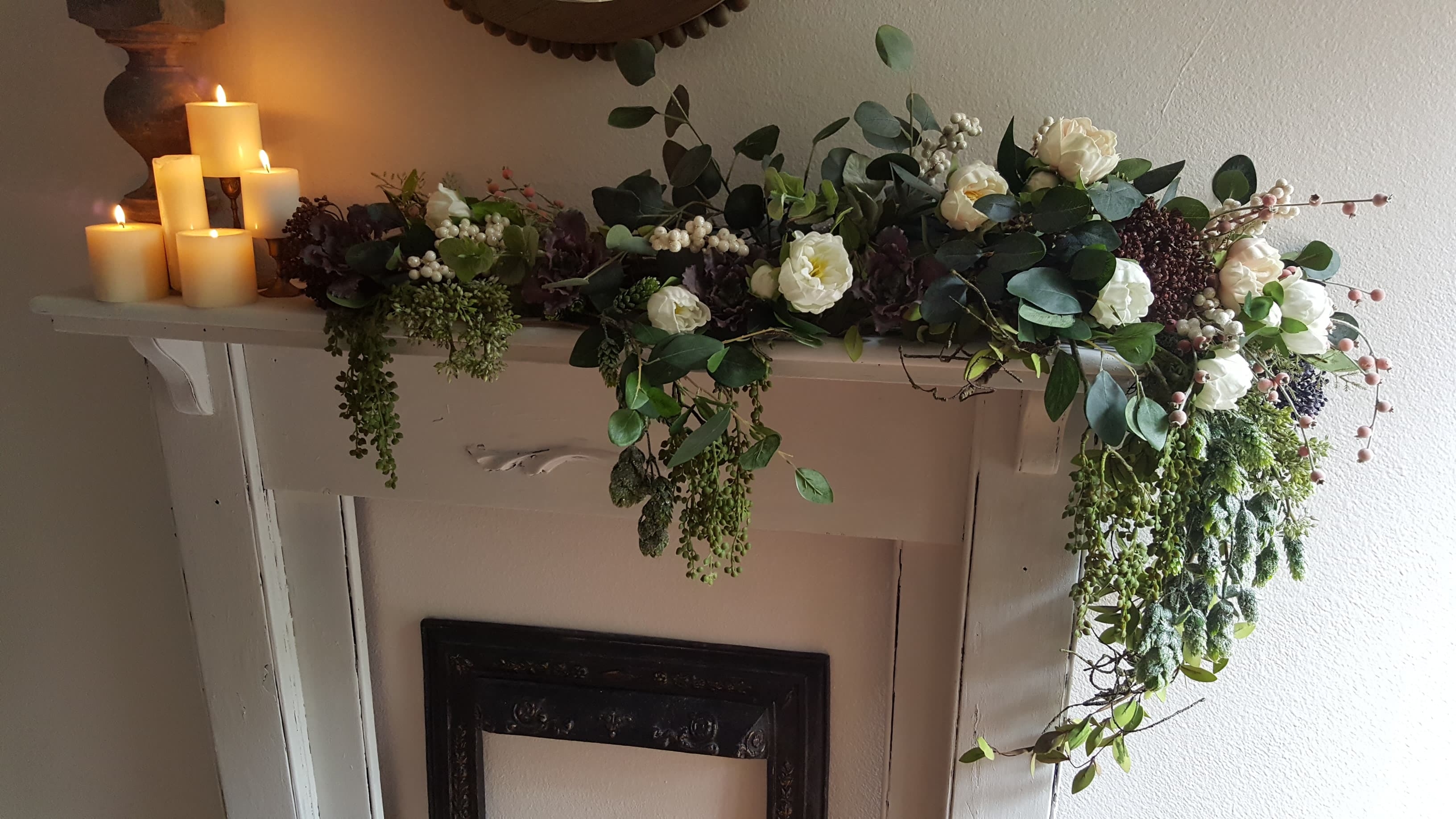 Decorate Mantel Fall Winter Faux Flowers White Neutral Design Candles Vintage Fireplace Decorate Ideas Wood Mirror Succulents Peonies Berry Branches Eucalyptus Afloral Antique Decor Inspiration