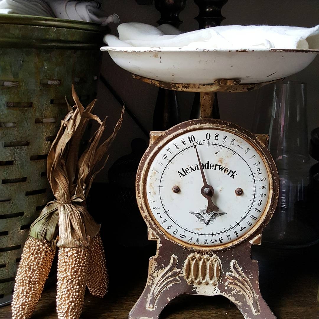 Country Farmhouse Kitchen White Tulips Flowers Wood Spoons Bread Boards Concrete Table Copper Hydrangea Antique Scale Fall Corn Metrie Moulding Molding Baskets Country Living Decor Design