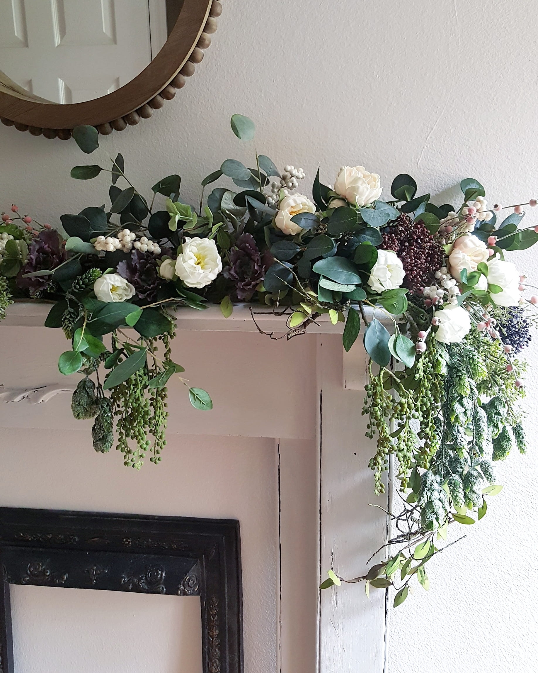 Decorate Mantel Fall Winter Faux Flowers White Neutral Design Candles Vintage Fireplace Decorate Ideas Wood Mirror Succulents Peonies Berry Branches Eucalyptus Afloral Antique Decor Inspiration