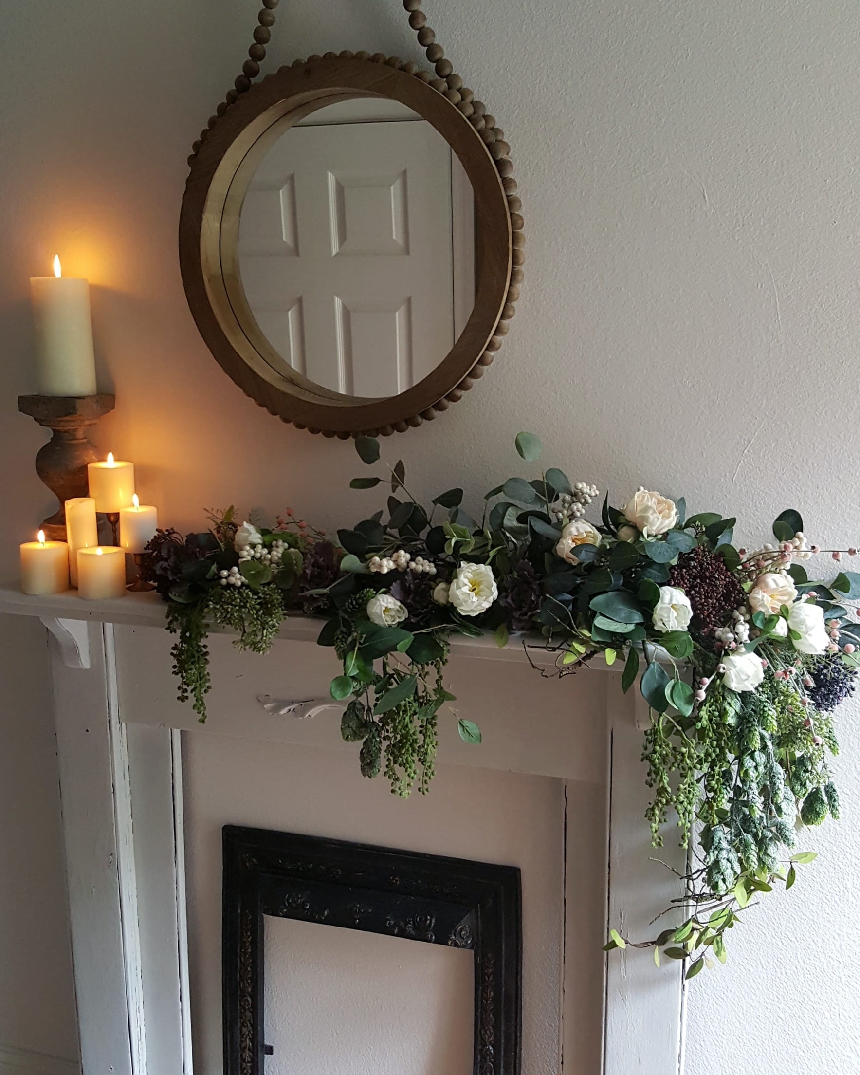 Decorate Mantel Fall Winter Faux Flowers White Neutral Design Candles Vintage Fireplace Decorate Ideas Wood Mirror Succulents Peonies Berry Branches Eucalyptus Afloral Antique Decor Inspiration