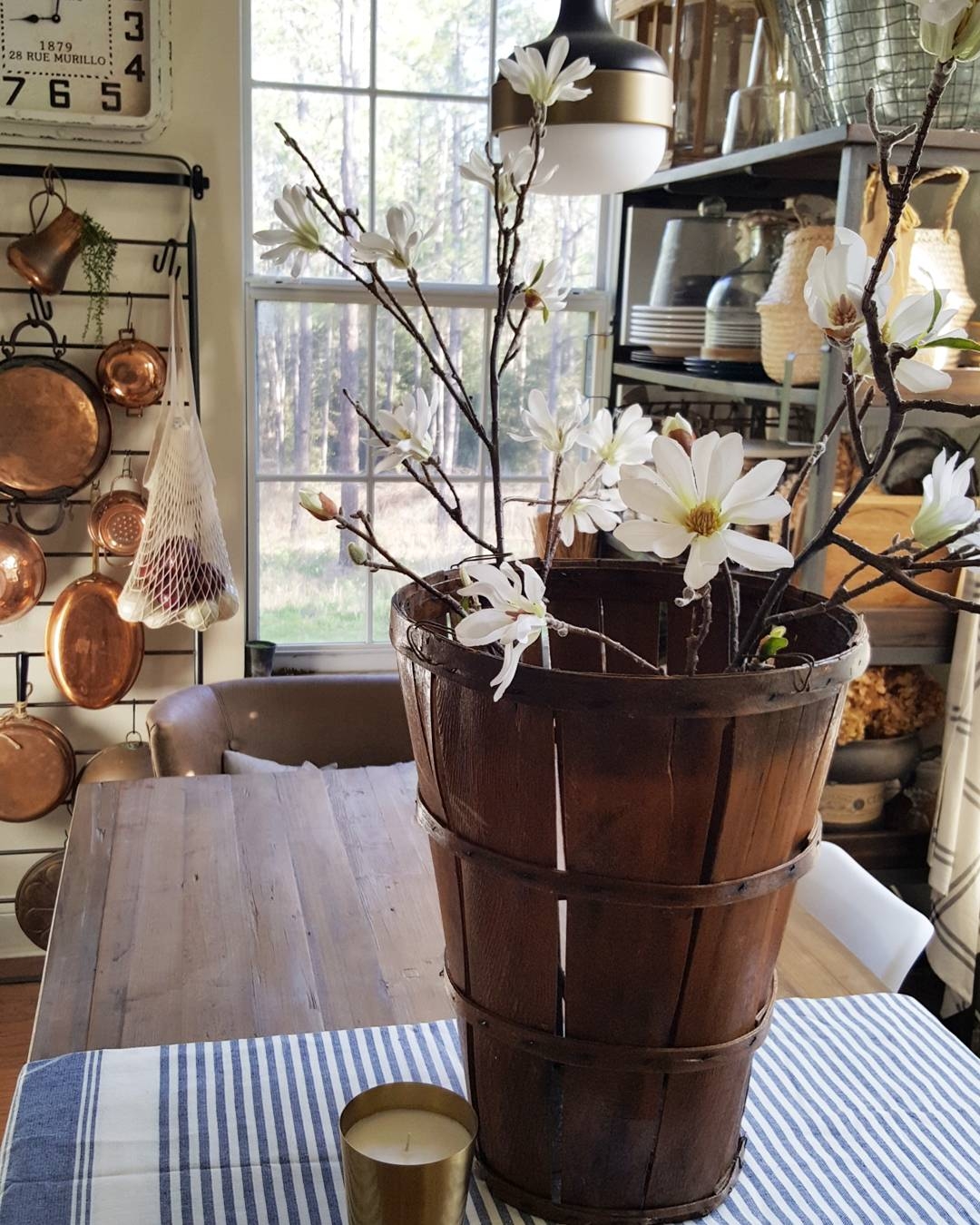 Country Farmhouse Kitchen White Tulips Flowers Wood Spoons Bread Boards Concrete Table Metrie Moulding Molding Baskets Country Living Decor Design