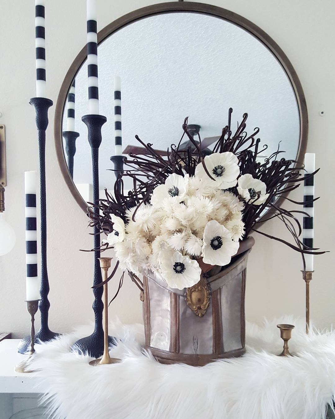 Faux Flowers Fall Winter Scandinavian Decor Inspiration Design Flowers White Black Neutral Mantel Table Scape Winter Fall Afloral Florals Modern Farmhouse Vintage Design Interiors Scandinavian Ideas Inspiration Pinterest