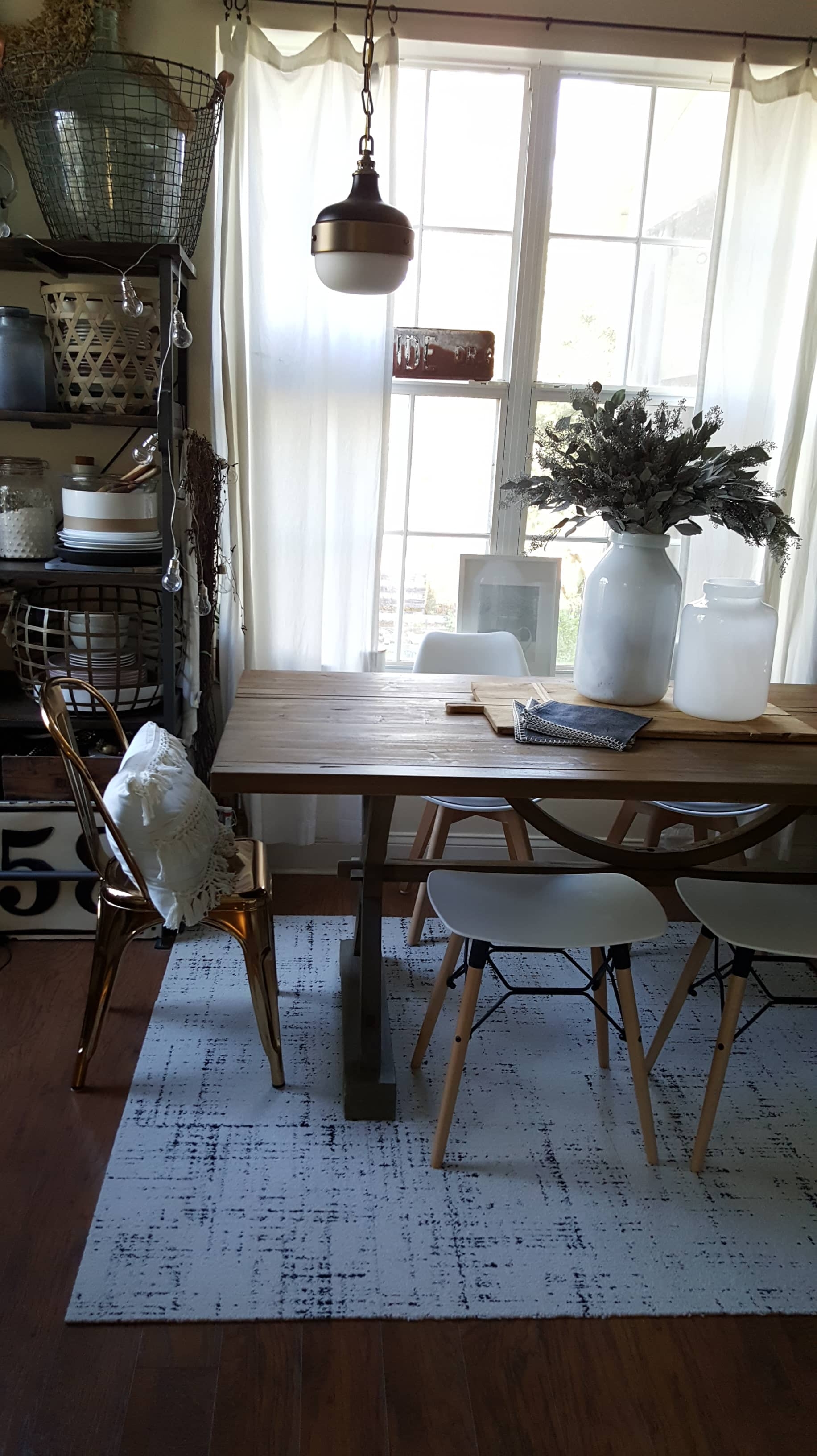 cozy dining room decor design modern farmhouse table wood white gold eucalyptus gray industrial vintage winter decor Chair