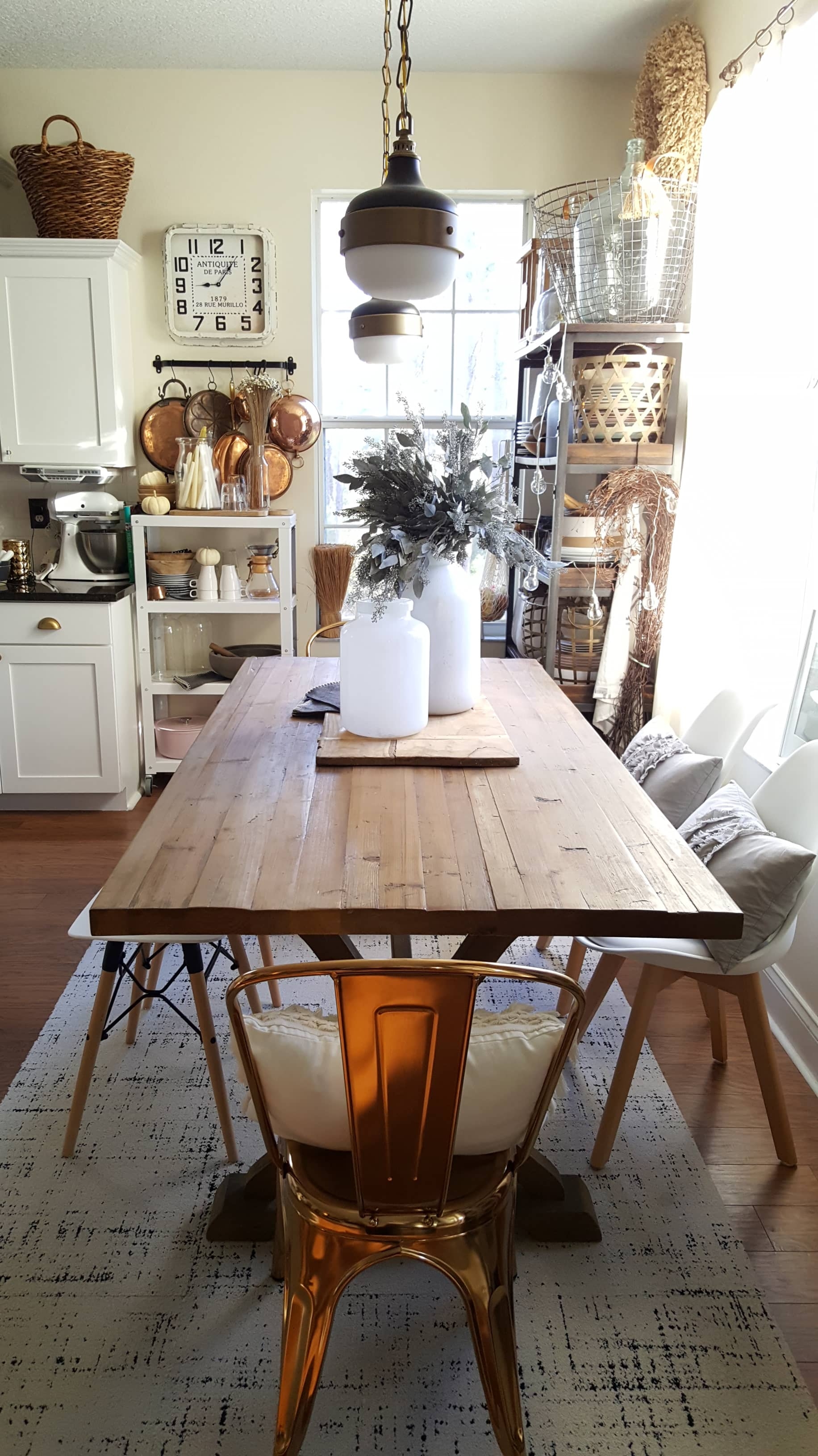 cozy dining room decor design modern farmhouse table wood white gold eucalyptus gray industrial vintage winter decor