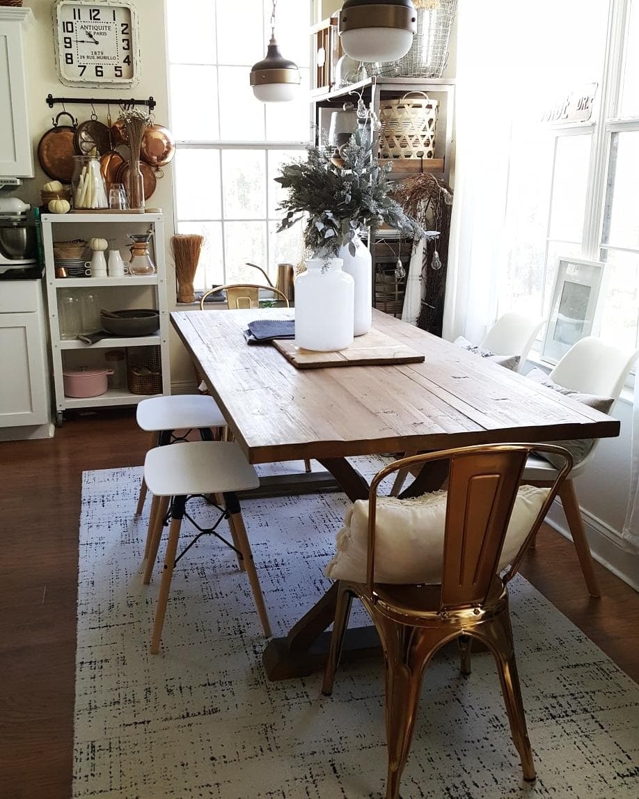 cozy dining room decor design modern farmhouse table wood white gold eucalyptus gray industrial vintage winter decor chair FLOR rug