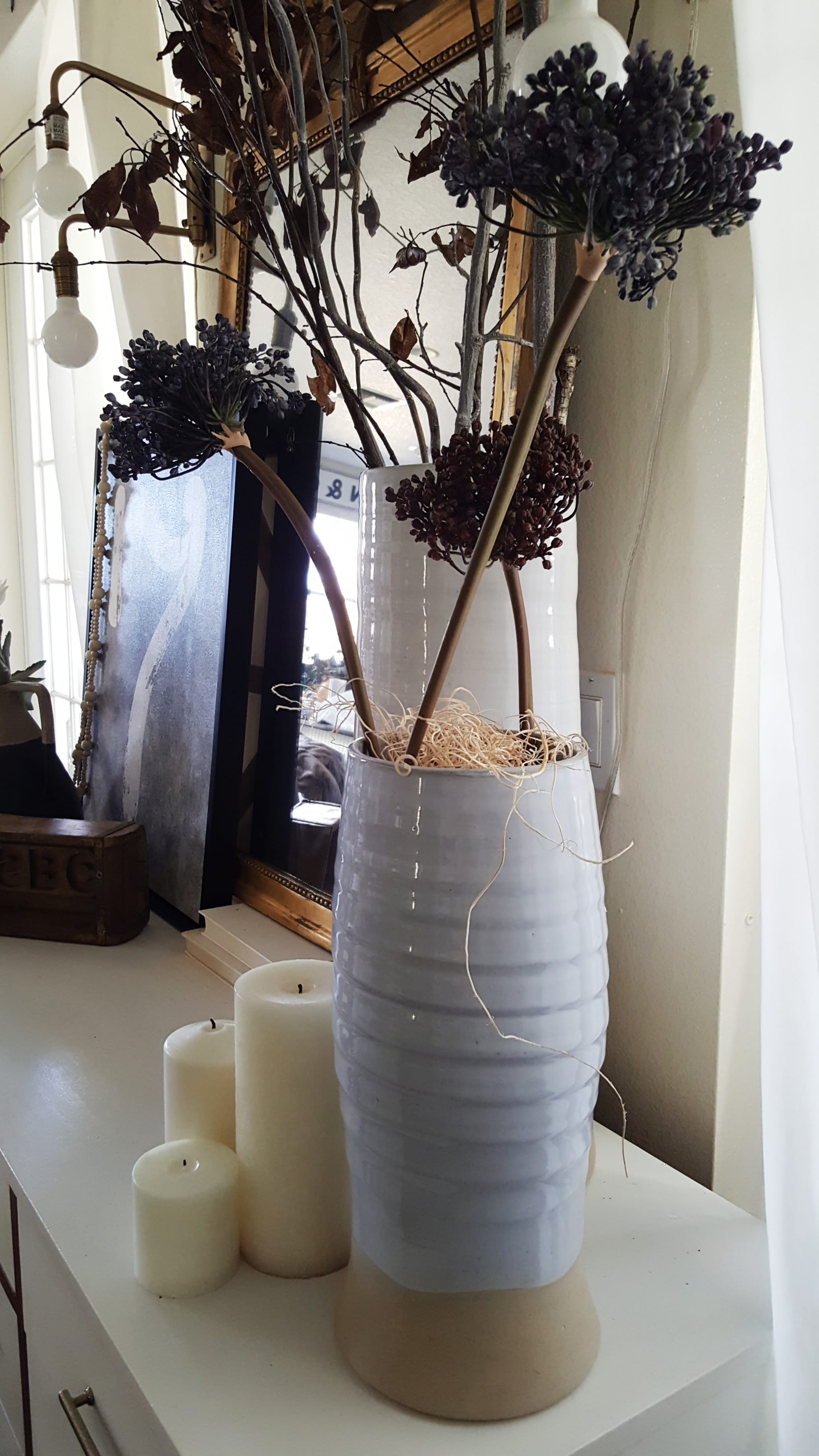 Mid Century Modern Eclectic Vintage Industrial decor design inspiration living room makeover furniture home decorating bed bath & beyond black and white decor minimal design metal vase flowers