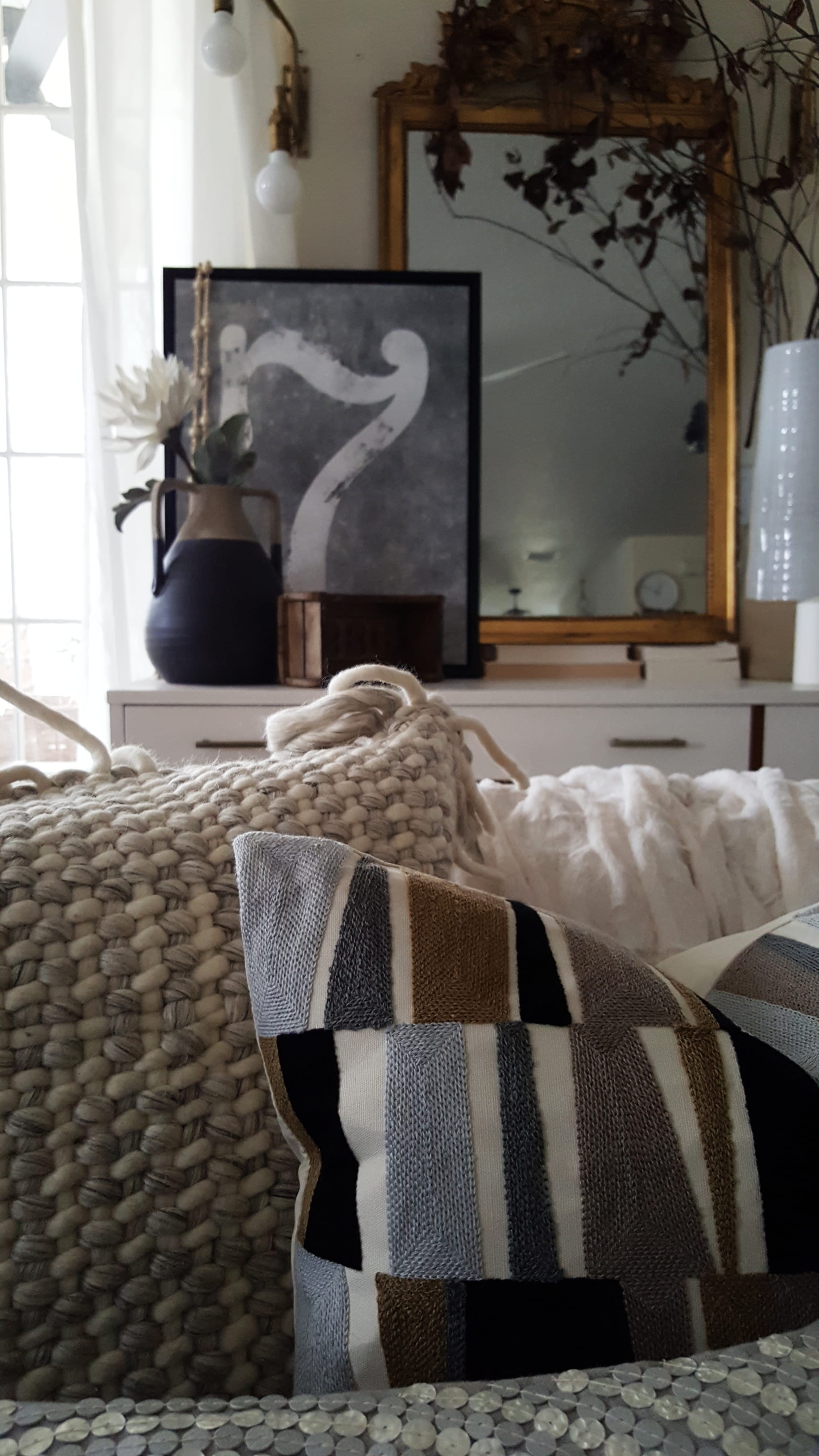 Mid Century Modern Eclectic Vintage Industrial decor design inspiration living room makeover furniture home decorating bed bath & beyond black and white decor minimal design metal vase flowers