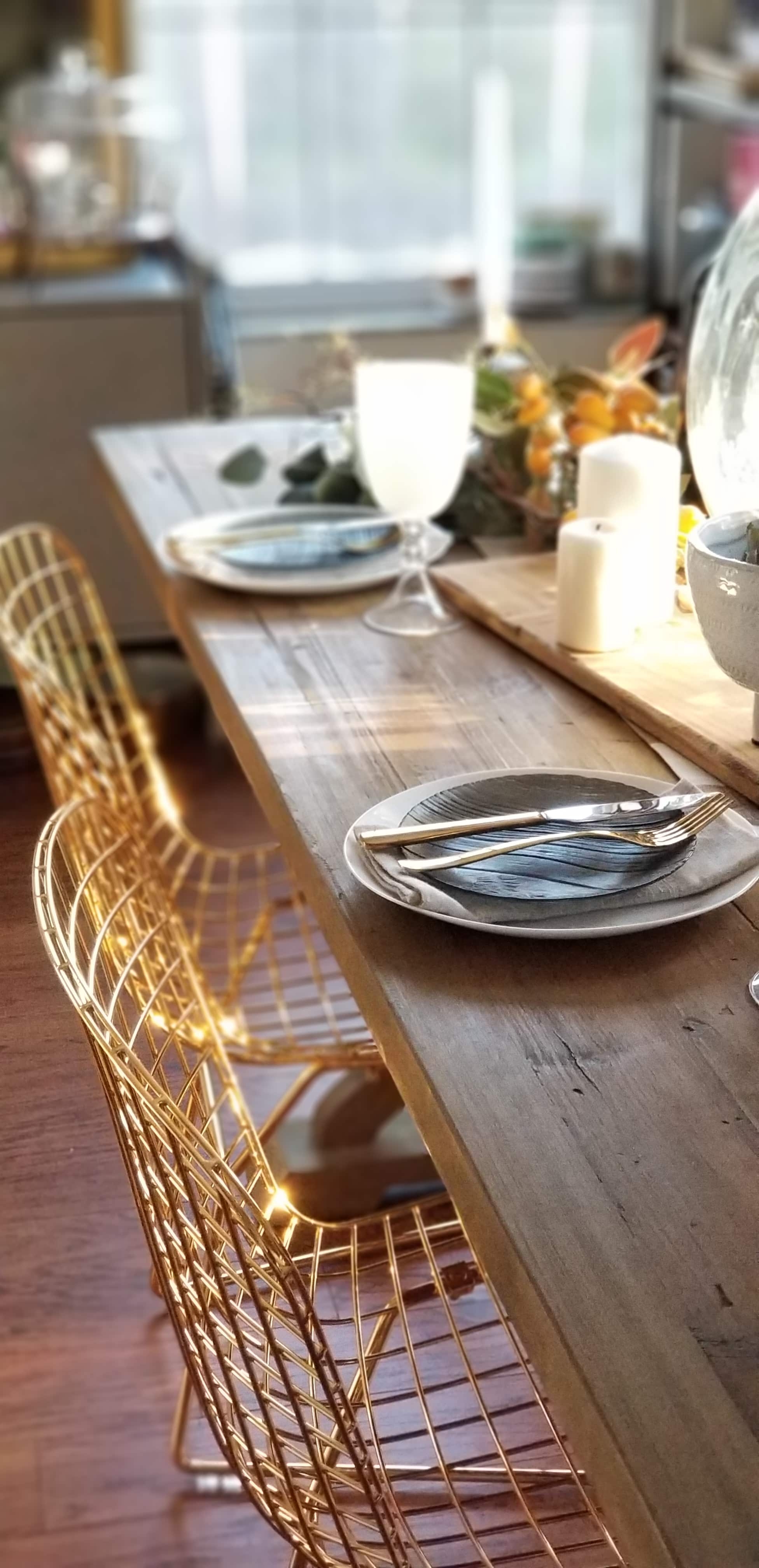 Rustic Modern European Boho Mediterranean Farmhouse Glam Dining Room Table Tablescape Joss & Main Gold Chair Terra Cotta Pots Glass Bottle Wood White Flowers Magnolia Eucalyptus Mango Stem Decor Design Inspiration Spring